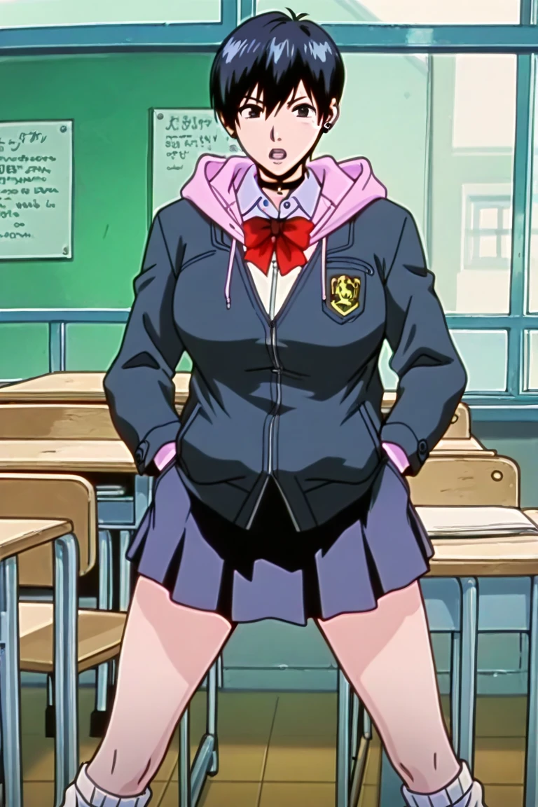 1 girl, {{{Mirai Kuriyama, short hair, light pink hair, (light pink hair), bob cut, yellowish brown eyes, glasses, nervous and small eyes, (nervous and shy look), (shy and nervous smile), Stripe, (pink top), (light blue skirt), pantimedias, (black pantyhose), small breasts, (small breasts)}}}, beautiful girl, {{{standing or standing full body image}}}, {{{Wear black high heels}}}, poses her beautiful black heels standing {{{is stopped}}}, {{{muscular abs}}}, {{{muscular belly}}}, in a school classroom, (in a school classroom), (((Best Quality))), (((8k quality))), (((ultra best definition))), ((better face definition))), (((Perfect face))), (Perfect face:1.1), (sharp focus:1.1), trend on Artstation, intricate, high detail, sharp focus, (((arms, hands, legs, cakes, Perfect face))), (((perfect body))), (((correct features))),(((best anatomy))), (((noise removal))), (((perfect and clear face))), (((ultra perfect eyes))), (detailed focus of eyes))), (((Eye correction))), (((Masterpiece))).
