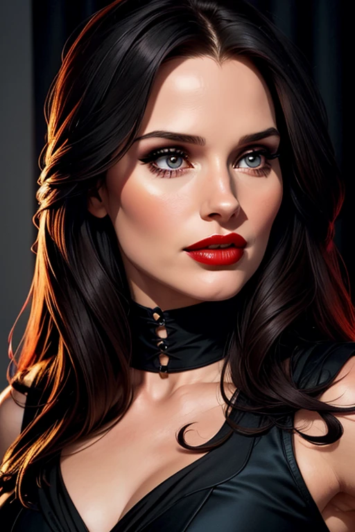a ((film noir)) portrait painting of looking at the camera with a subtle smile, she is wearing red lipstick and small black earrings and has bare shoulders and ((exposed breasts)), shaft of light, by Gediminas Pranckevicius, Jean Giraud, Russ Mills, Carne Griffiths