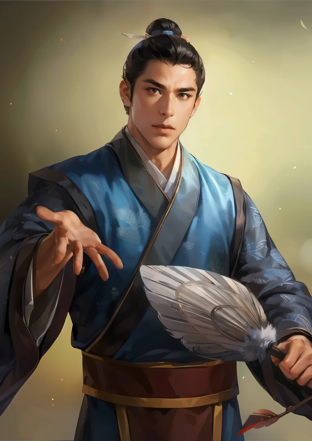 (((Maintain color ))), ((( picture style maintenance ))), ((Maintain the composition)), Attractive Man , perfect face, ((black eyes)), (( black hair)), Feather Fan ,