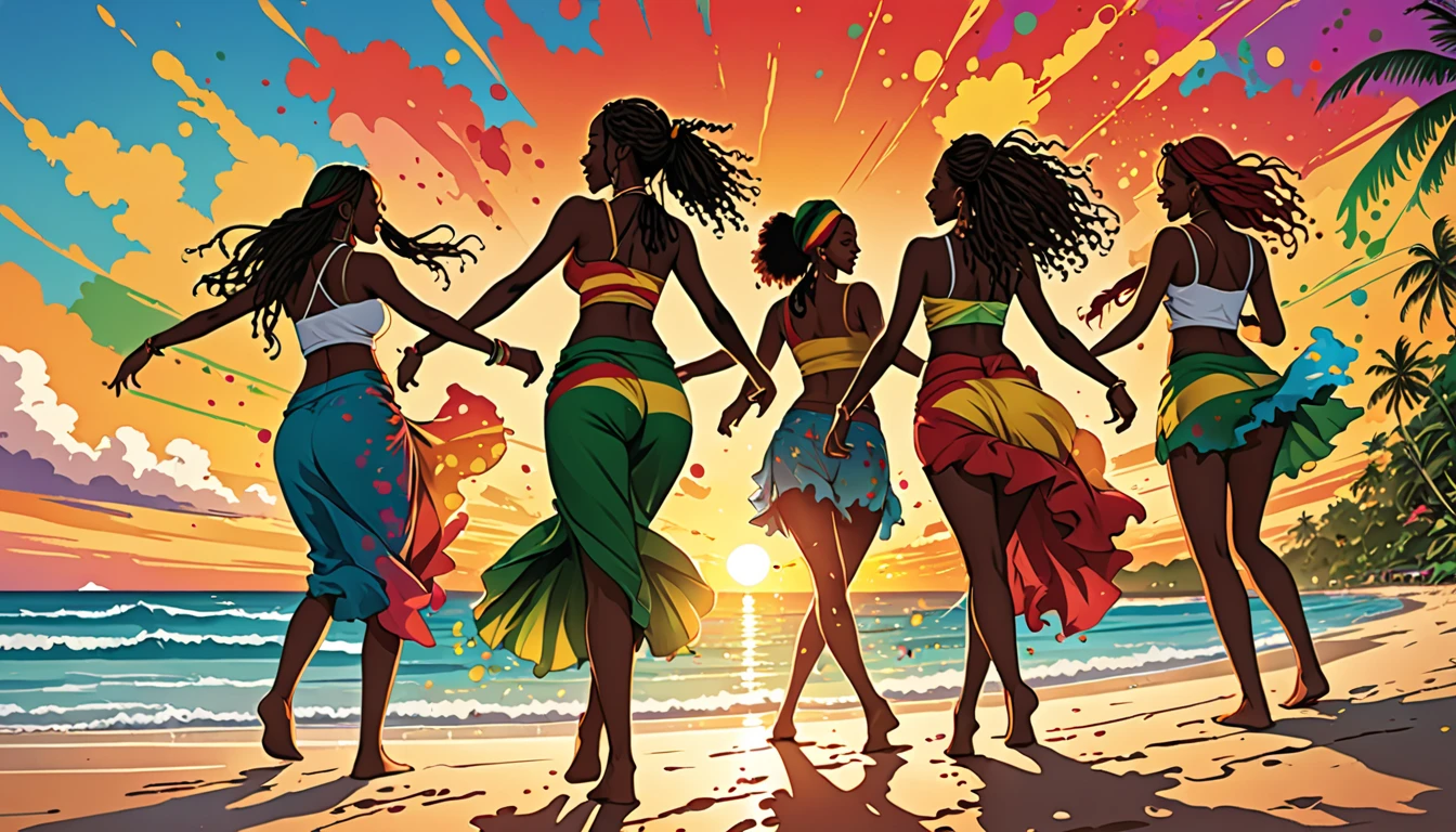 Vector art, Lots of Jamaican Reggae, Authentic Jamaican reggae music atmosphere,Color illustrations, in the center, Vibrant colors, Paint splatters and stains, High detail,
Bright Red Sunset,Palm tree,beach,Back view of dancing women