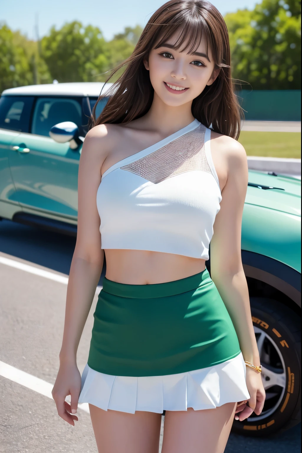 (((One Shoulder Mesh Girls Clothing))),(((Dynamic poses))),(((Mid-abdomen peek))),(((Show under chest ))),(((Green and White Mini Skirt Lift))),(((Bare inner thighs))),(((Formula One car on display))),ulzzang-6500-v1.1, (original photo:1.2), (Photo-realistic:1.4), A beautiful and delicate girl, Extremely detailed eyes and face, Beautiful and delicate eyes, Ultra Detailed, high resolution, Top quality,masterpiece, Very detailed, 8k wallpaper, wonderful, Fine details, Top quality, There is light on the face,light,1 girl in,(Car race track),beautiful eyes,Smile,open mouth