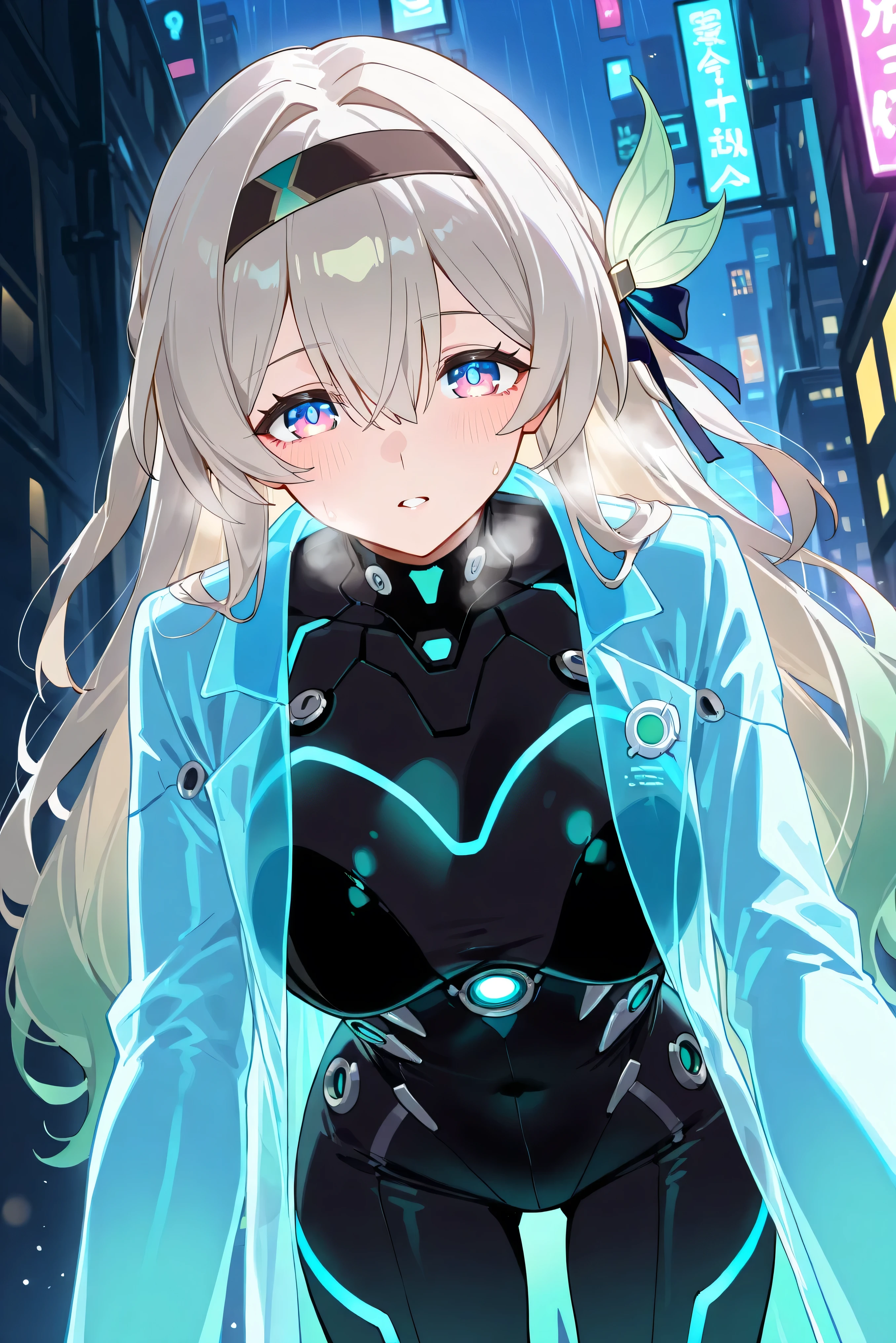score_9, score_8_up, score_7_up, masterpiece, best quality, very aesthetic, absurdres, tunning image, light particles, attractive image, 1girl, adult grown woman, firefly \(honkai: star rail\), purple eyes, grey hair, hair between eyes, very long hair, hair intakes, hairband, two-tone eyes, multicolored eyes, blush, heavy breathing, masterpiece,best quality,amazing quality, 5 fingers, alternate costume, An anime character in a cyberpunk-inspired outfit, wearing a long transparent holographic coat reflecting the neon glow of the city. Underneath, they wear a sleek black bodysuit with pulsating blue neon lines tracing their form. Embedded in their arm, a mysterious cybernetic device glows with shifting digital symbols, hinting at hidden abilities. Their high-tech boots emit a faint luminescence, leaving glowing imprints on the rain-soaked streets. Surrounding them, the urban landscape is alive with rain-reflected holographic ads, and in the shadows, a swirling network of digital data pulses like a living entity, connecting them to a secret world beyond sight.