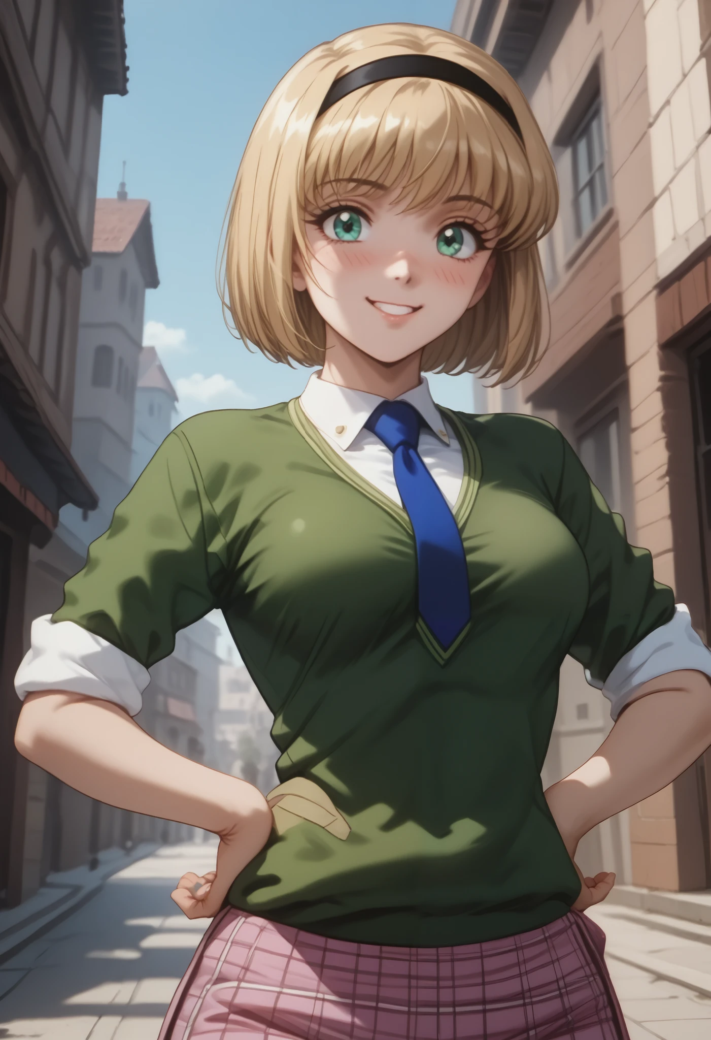 (dynamic angle, wide view, wide-angle lens, extremely detailed, CG, 8k Amazing, finely detail)), (intricate details, depth of field), 8k UHD, (masterpiece, best quality), ((amazing quality,very aesthetic,absurdres,best quality,newest, masterpiece)), ultra detailed, best quality, beautiful face, perfect anatomy, anatomically correct, athletic sexy body, Expressiveh, (cute face, cute body))), ((happy girl, proud to show her body)), ((((Miki H, blonde hair, bobcut, short hair,bangs, green eyes, black hairband, large breast, withe collared shirt, green sweater,blue necktie, sleeves rolled up, plaid pink skirt, white socks))), ((large breasts, slim sexy body, curvy hips, seductive pose, flirting, naughty face, blush)), (((looking at viewer, happy smile, joy, cowboy shot, dynamic pose)))), curvy, toned, athletic, standing, hands on hip, (((seductive pose, sexy pose, cowboy pose)), indoors,((hourglass figure)), ((pinup pose, seductive pose,dynamic pose, seductive), ((precise face and eyes:1)) , ((((rear view, front view,, hmedium angle shot, looking at back, upper body shot, hourglass figure, wide hips)))), fantasy, outdoors, ((highly detailed, highres, 8k, uhd, High Dynamic Range, tonemapping, crisp details, intricate details, fine details)),
