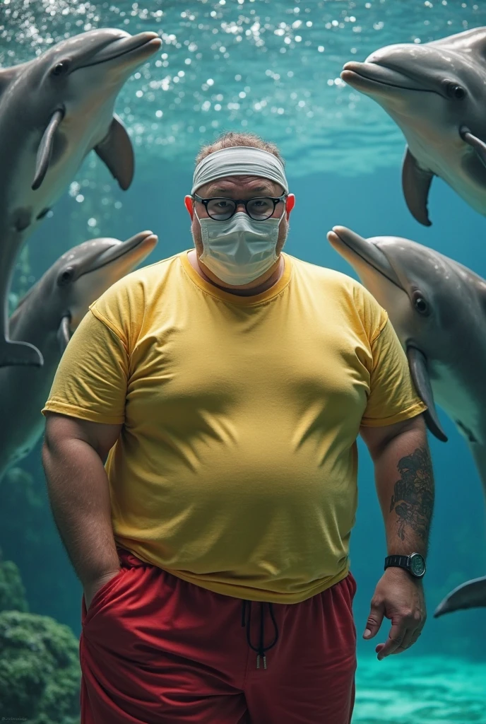 Wearing transparent red prescription glasses,(((He is very chubby and has a white Speedo, in a huge swimming room he wears no clothes, ))), Inside the spacecraft.