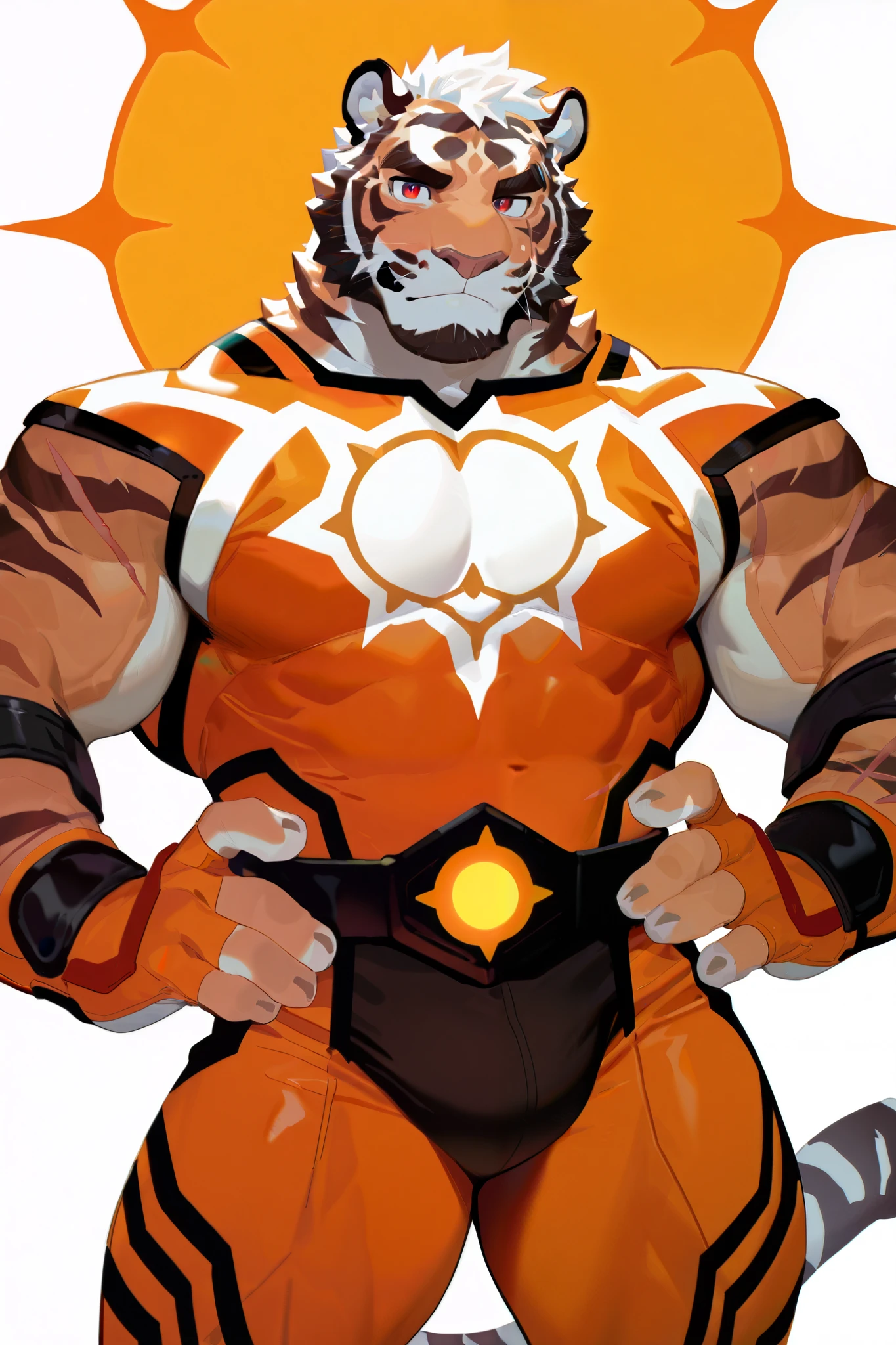 human nature, juvenile, male, solitary, ((Round Face, The face is plump,Orange eyes)), ((Endomorph, Handsome,Handsome)), (White fig leaves,Future Warframe), ((domestic 虎,tiger), (在School医务室里), Bokeh, (high quality, high resolution, Masterpiece 1.2), author:Takemoto Arashi, From zixiong, author:Chunni, author:Ethereal,(background:Ruined city under sunset sky 1.5),big balls,School,一只tiger伸出舌头