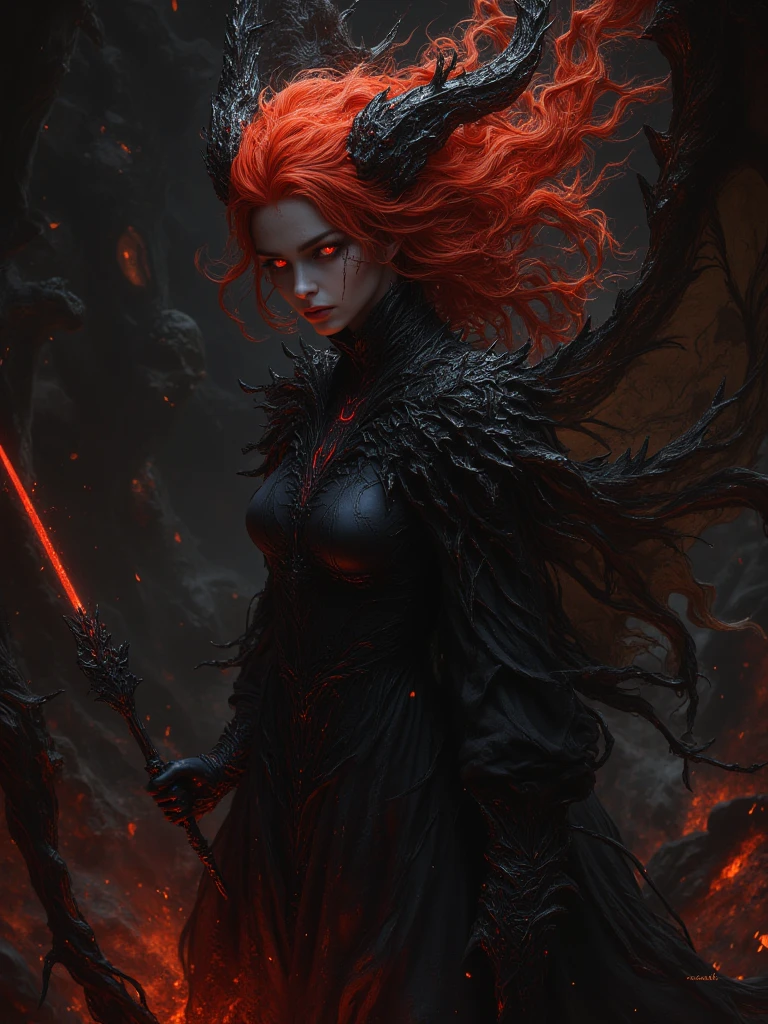 a demon princess floating above the hordes of hell, she commands the army with her mighty trumpet, she wears a crown covered in lava, her glowing red eyes are on fire, masterpiece, best quality, intricate detail, absurdres