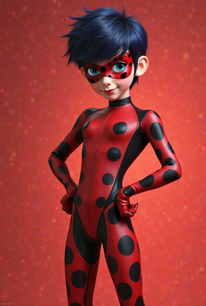 A black haired British male teenager with a slim body and young face wearing a red Ladybug costume with black dots, This suit has a modern style and the boy maintains a shy expression , Whole body