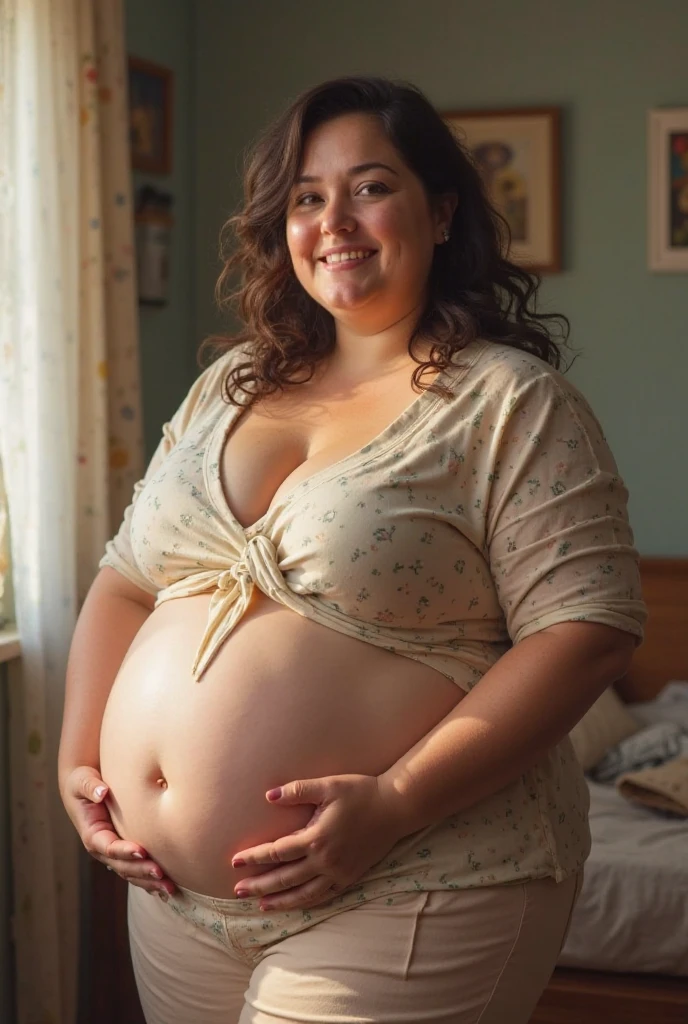 Elizabeth Olsen estilo chubby bbw,obesa,barriga grande de obesa,cintura larga,Elizabeth olsen bem gorda,rosto redondo, shirt with flowers and orange pants,standing on the porch of a farm, bem realista,ultra hd,pregnant style belly