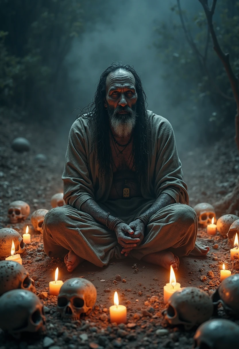 "Aghori sadhu sitting on a cremation pyre, surrounded by skulls and bones, with a haunting gaze in the dark of night."