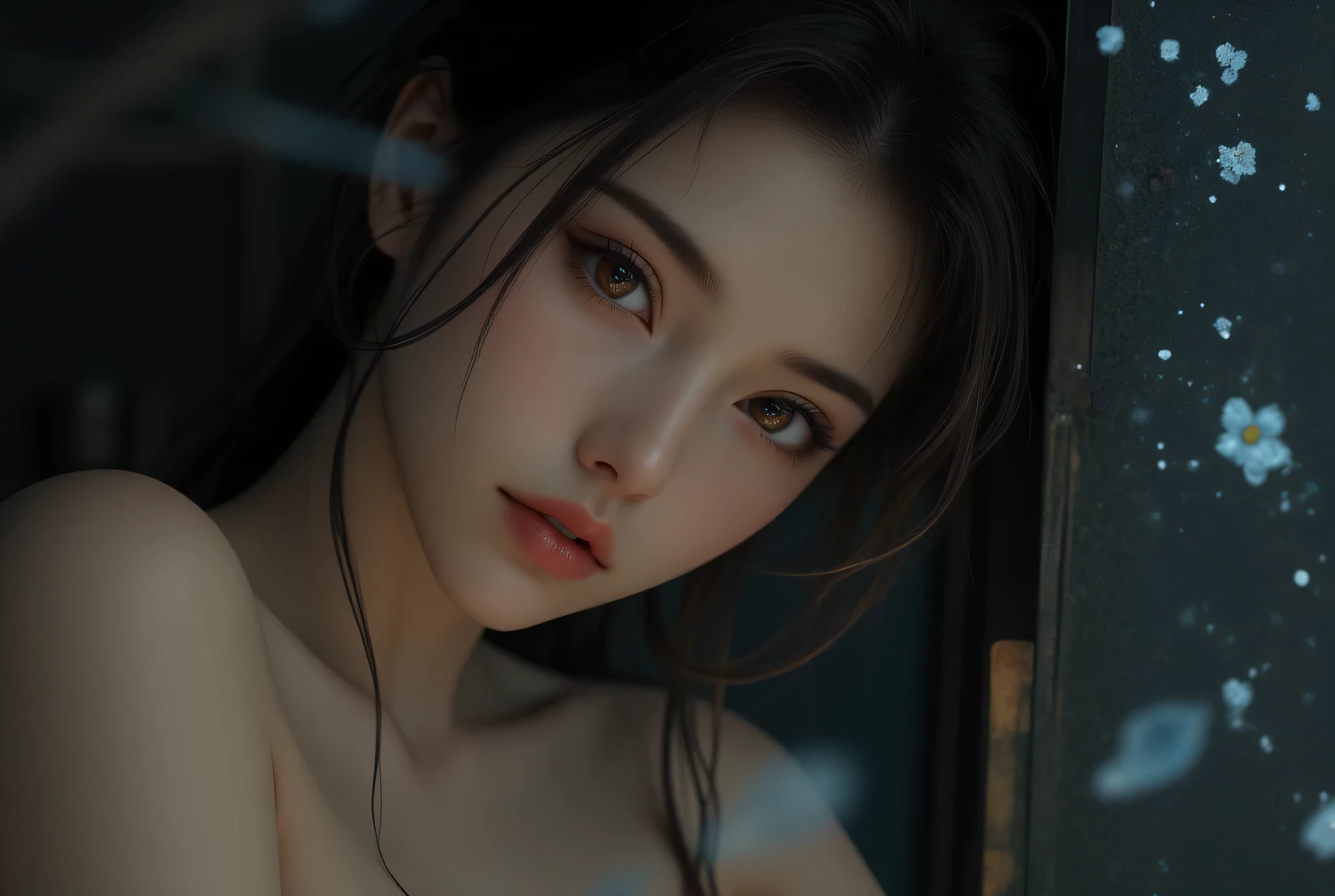Never drawn , Extremely beautiful production , Strong Ephemeral Eyes , Transcendental charm , Relaxed time , She's sitting holding her lap , dynamic close-up , Beauty standing in dark, closed silence