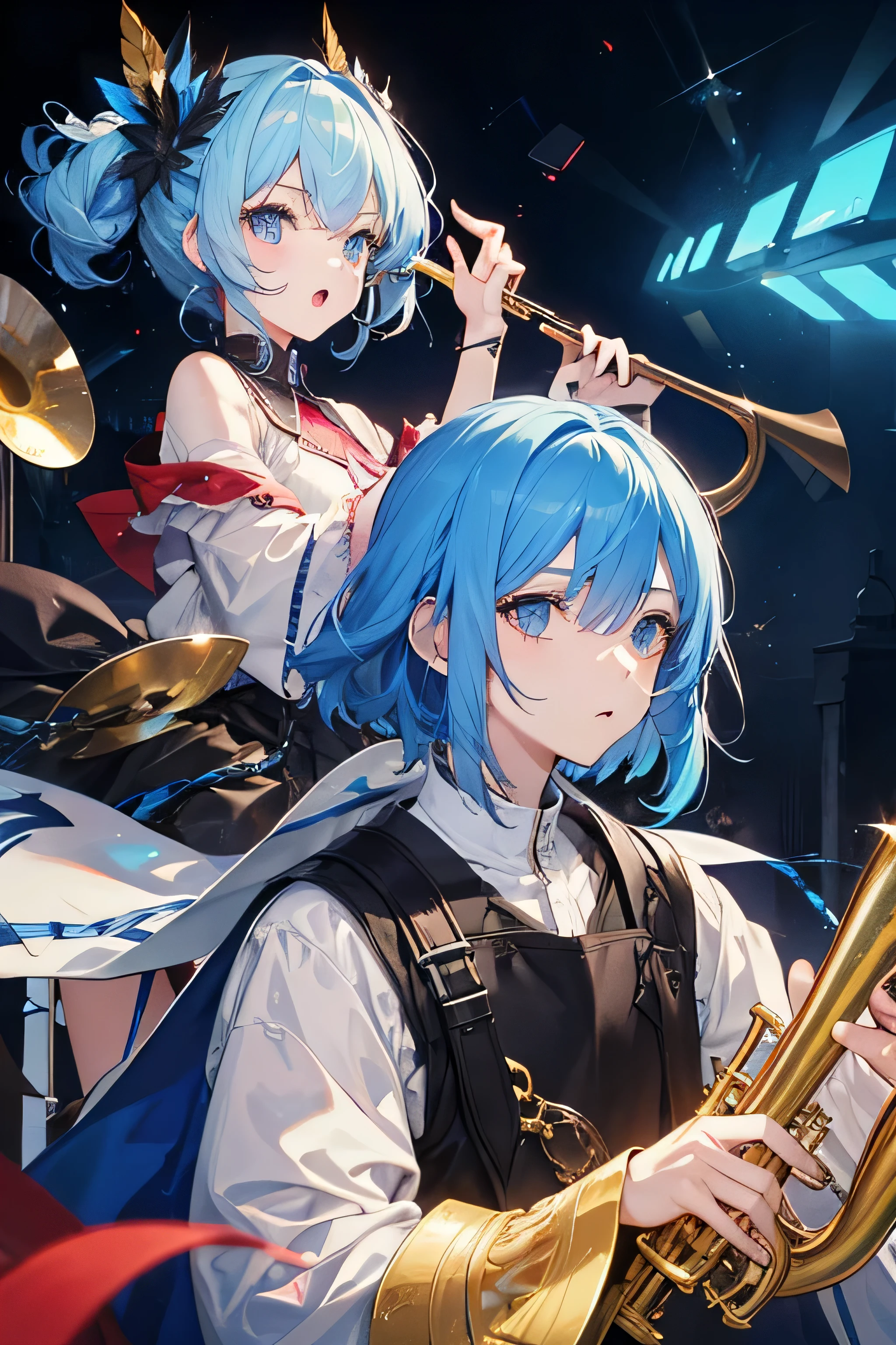 god, blue eyes,Blue Hair,god々Shii, trumpet,adult