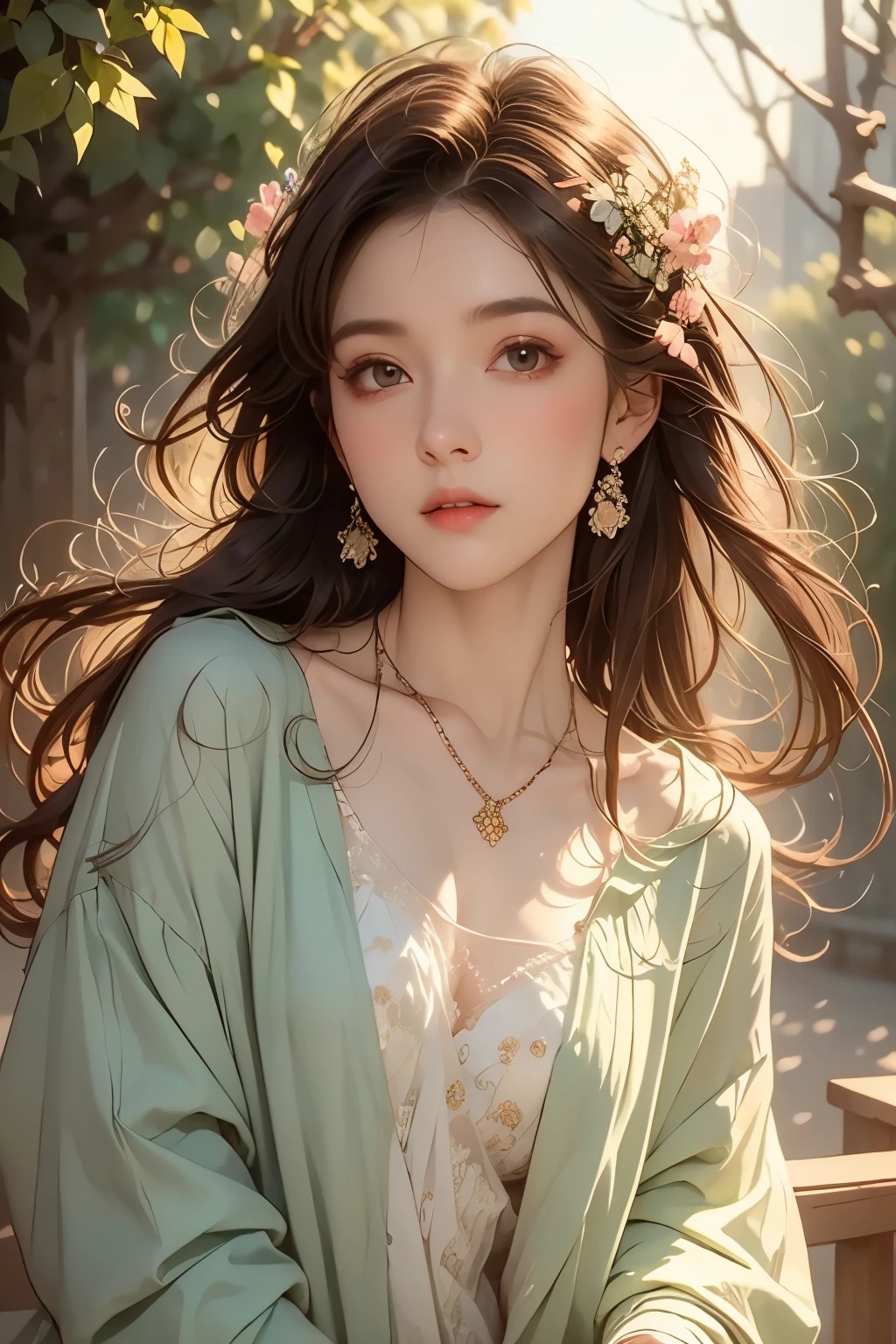 (detailed watercolor of a beautiful woman), soft touch, focus on face, (calm and gentle expression), ((silver-grey almost straight medium-long hair)), ((close-up)), lustrous skin, glossy lips, ((wearing a spring coat over a casual pale pastel pink spring sweater)), (winter outfit), (smart figure), small necklace, striking portrait, use of contour, clean line drawing, fine details, intricate details, bright primary colours used partially as accents, floral frame, Art Nouveau frame, Art Nouveau decoration, floral decorative panel, masterpiece, fine and intricate details, splashes of colour, (Alphonse Mucha compositional style), atmospheric perspective, Tyndall effect, muted colours, golden ratio, impressionist style, stress-free mixed media masterpiece, Fibonacci theory, impressionist style, cinematic, amazing!, beautiful!,