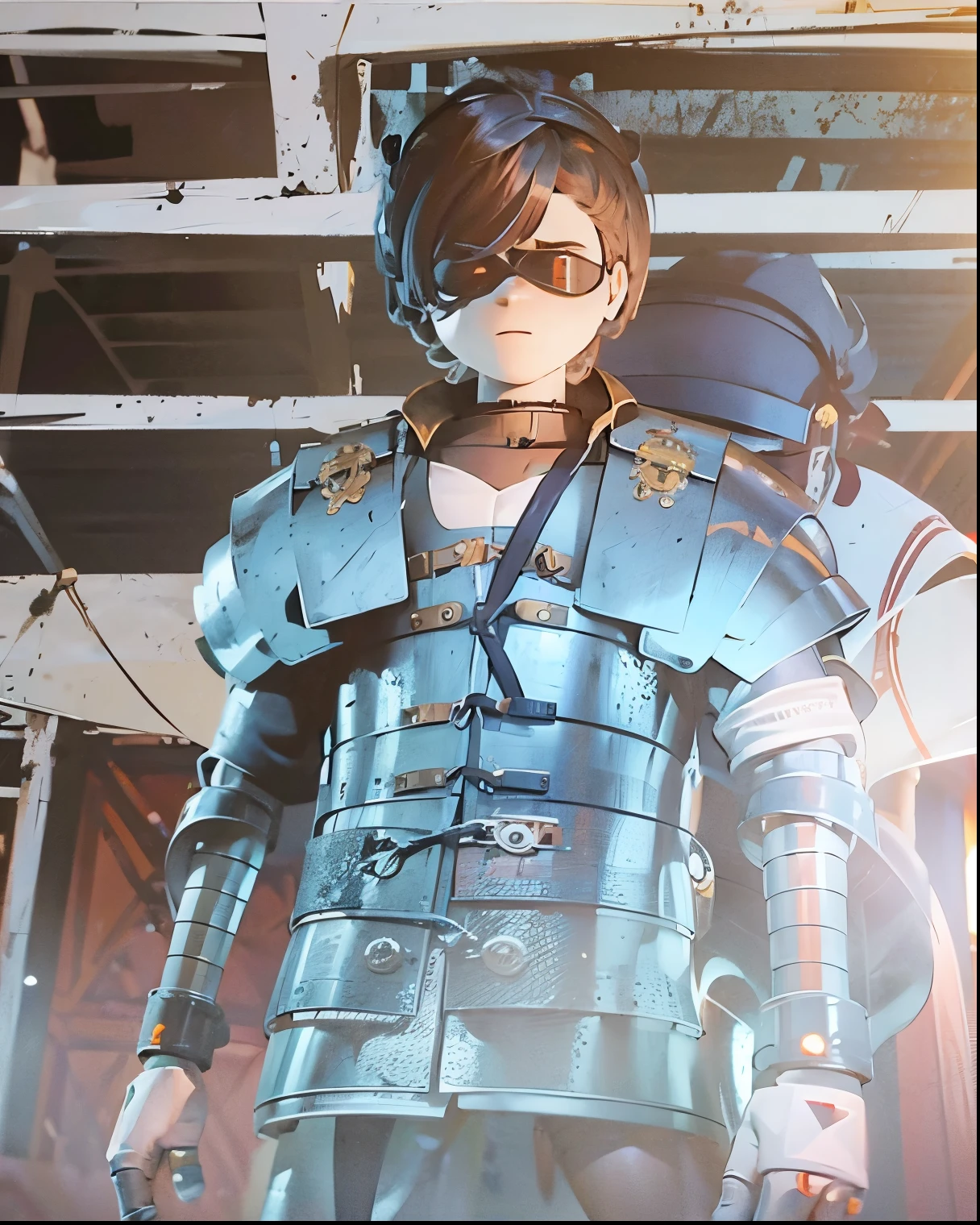 Murder drones, boy, body muscular hair black, armor Colosseum, eye
