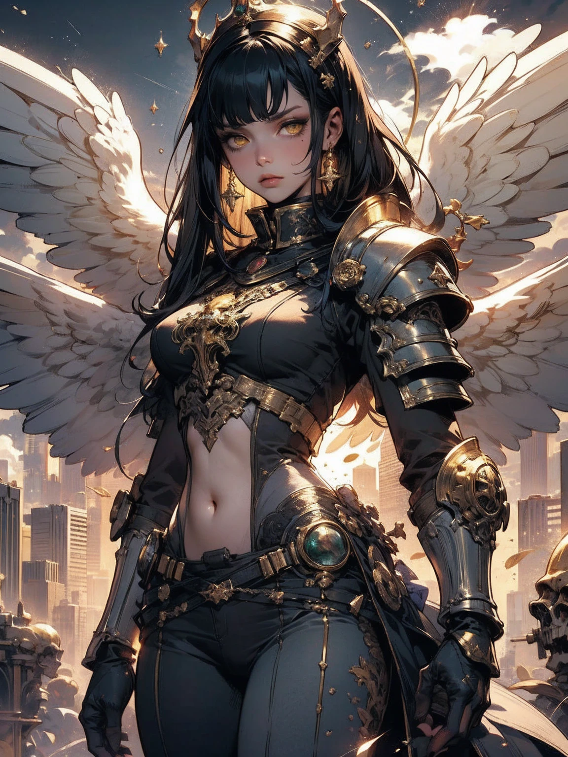 emo_hairstyle, black lipstick, smocky eyes, dog collar, eyeliner, eye shadow, realistic lighting, short hair, seductive look, Shiny skin, Valkyrie, winged headband, armor, plating, sword, breast plate. Short skirt, thighhighs.