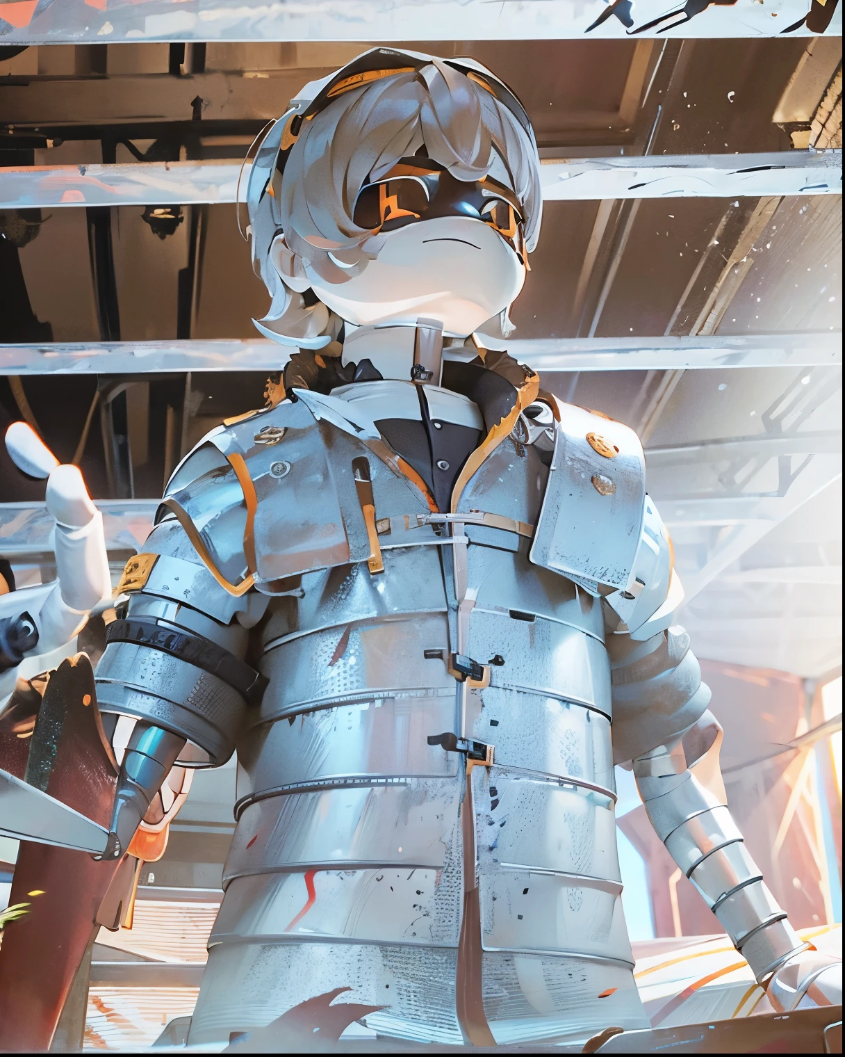 Murder drones, boy, body muscular cuthair, armor Colosseum, eye