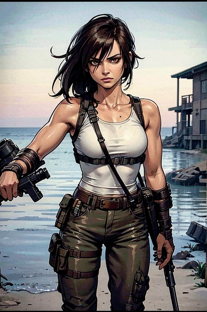 a military woman, well trained body, white sleeveless t-shirt, Exposed collarbone, beige leather shelter, blue pants, two leather belts with gun pockets, dark brown hair, carving, Brown eyes, hazel left eye, left eye with a scar, beach shore, at daytime, driving a boat, In a post-apocalyptic environment, post - apocalyptic cowgirl, Post - Apocalyptic style, Post apocalyptic clothing, pose, post-apocalyptic, Postapocalyptic style, post apocalyptic grunge, Post - Apocalyptic Scavenger. (Ultra quality) 8k quality, detailed, perfect light, perfect angle, perfect sharpness.