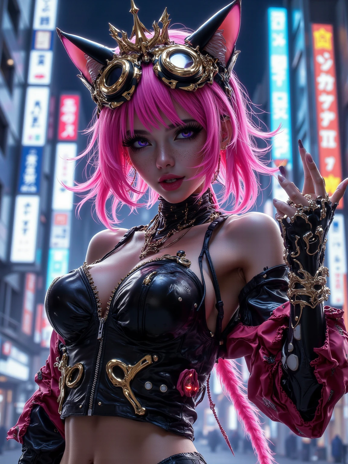 anime - style image of two women with pink and blue hair smal booty dressed in red and blue corset,  pose in Akihabara for a foto shooting, wlop and sakimichan, attractive cat girl, artwork in the style of guweiz, fantasy art style, 2. 5 d cgi anime fantasy artwork, fanart best artstation, by Yang J, trending on cgstation, wlop and ross tran, guweiz