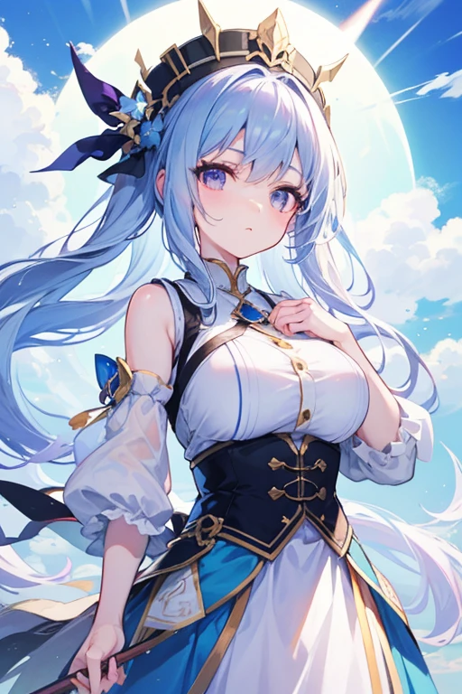 (Highest quality)), ((masterpiece)), (detailed), battlefield、One hurt girl, Crystal clear light blue hair、Her hair is gradated and white from the hairline to the middle.、Hair length is up to the knees、Gorgeous light blue lustrous nightgown、The hair ornament is glittering gold.、Silver hair ornament、She has big breasts、Adult face、