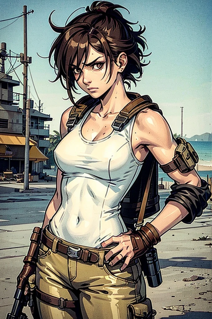 a military woman, well trained body, white sleeveless t-shirt, Exposed collarbone, beige leather shelter, blue pants, two leather belts with gun pockets, dark brown hair, carving, Brown eyes, hazel left eye, left eye with a scar, beach shore, at daytime, getting off a water boat, threatening expression looking at viewer, sparkling beach, palm trees around, In a post-apocalyptic environment, post - apocalyptic cowgirl, Post - Apocalyptic style, Post apocalyptic clothing, pose, post-apocalyptic, Postapocalyptic style, post apocalyptic grunge, Post - Apocalyptic Scavenger. (Ultra quality) 8k quality, detailed, perfect light, perfect angle, perfect sharpness. Boromey Meas