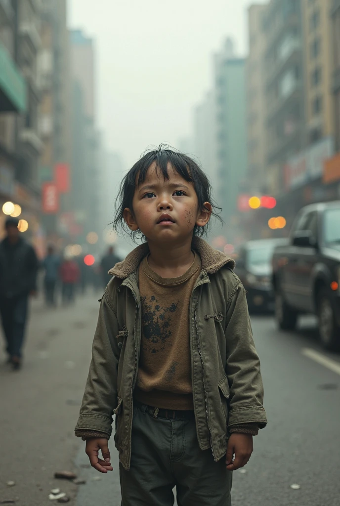 Child in the huge city without begging for food, sadness, suffering