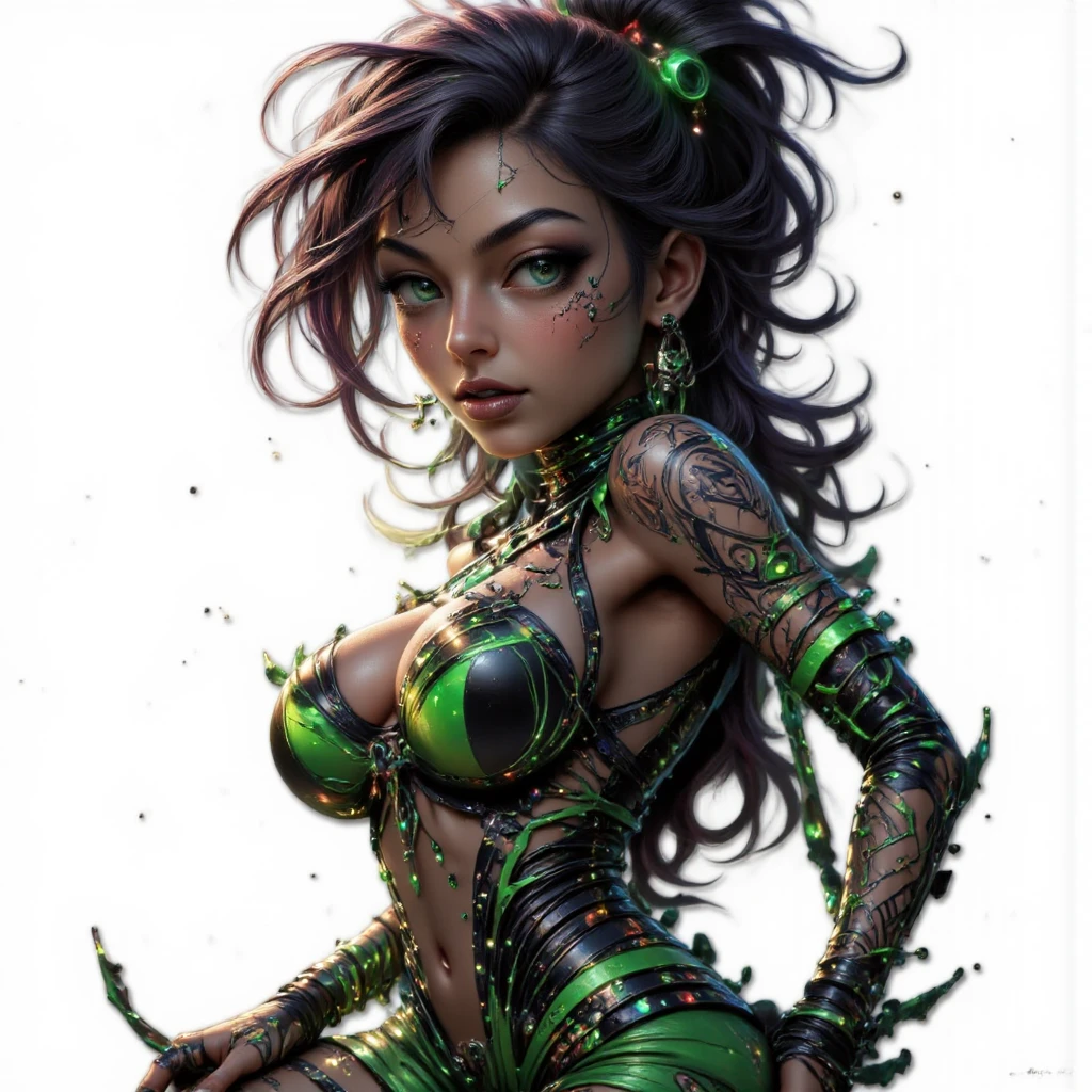 Beautiful woman, intricate hairstyle,green eyes,detailed eye, curly hair, curls, beautiful chiselled figure,transparent panties, white and green panties color, female body aesthetics, fractals, mandala, complex background, modern art, bright colors, explosion of colors, sexy pose, complex pose, steampunk elements, ((no panties)), long legs, outlined ass, (detailed eyes),(detailed face),galaxia in the background,  evil smile, sad smile, high detail, cinematic lighting, god rays, multiple views, hatching (texture), Wide-Angle, f/16, Canon, 8k, super detail --auto --s2