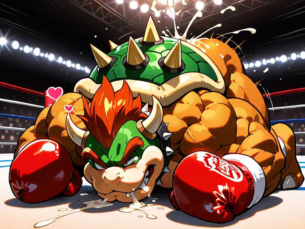 Two male fighters(Bowser vs Bowser, handsomes, perfect eyes, Thick eyebrows), gay(cuddling embraced, flexing abs, in a boxing match), hot(Both are Shirtless, bulges), handsomes(They are handsomes, correct anatomy), musculosos(Big muscle bodies, Six packs, muscle abs, big pecs, muscle backs), sweaty(very sweaty wet bodies, shiny sweat), tatuajes(they have tattoos), Angry(They have an angry expression),boxing gloves(They both are wearing red boxing gloves), boxers(both are wearing Black boxers), Hight resolution