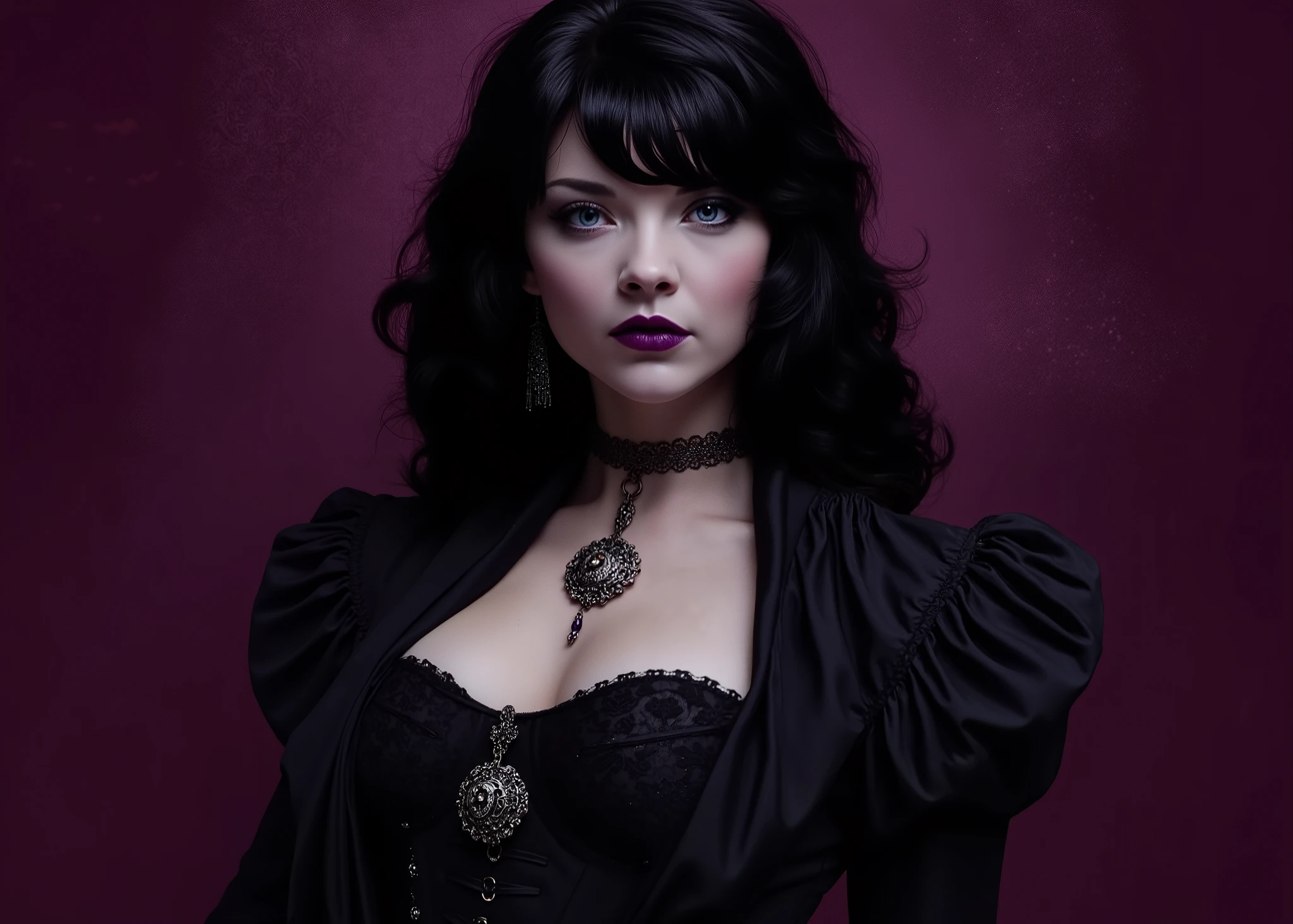 A highly detailed dark fantasy illustration of a stunningly beautiful but rather buttoned up and reserved gothic-style curvaceous figure portrayed by Lana Parrilla in dark Victorian-inspired fashion in an art style inspired by Frank Miller and Conan the Barbarian. The image has a moody, romantic quality with a color palette dominated by deep purples and blacks. She has long, straight black hair with side-swept bangs dark purple lipstick and dramatic makeup and is wearing a high-collared black Victorian-style gown and corset and an ornate pendant or medallion on a chain a textured or brocade fabric visible in the clothing details with a deep burgundy/purple atmospheric background. The lighting creates a dramatic effect, with subtle highlights that add dimension to the hair and face against the dark background. The overall aesthetic strongly evokes gothic romance and vampire fiction imagery, with its combination of period fashion elements and dark, brooding atmosphere. The style manages to be both elegant and slightly mysterious.