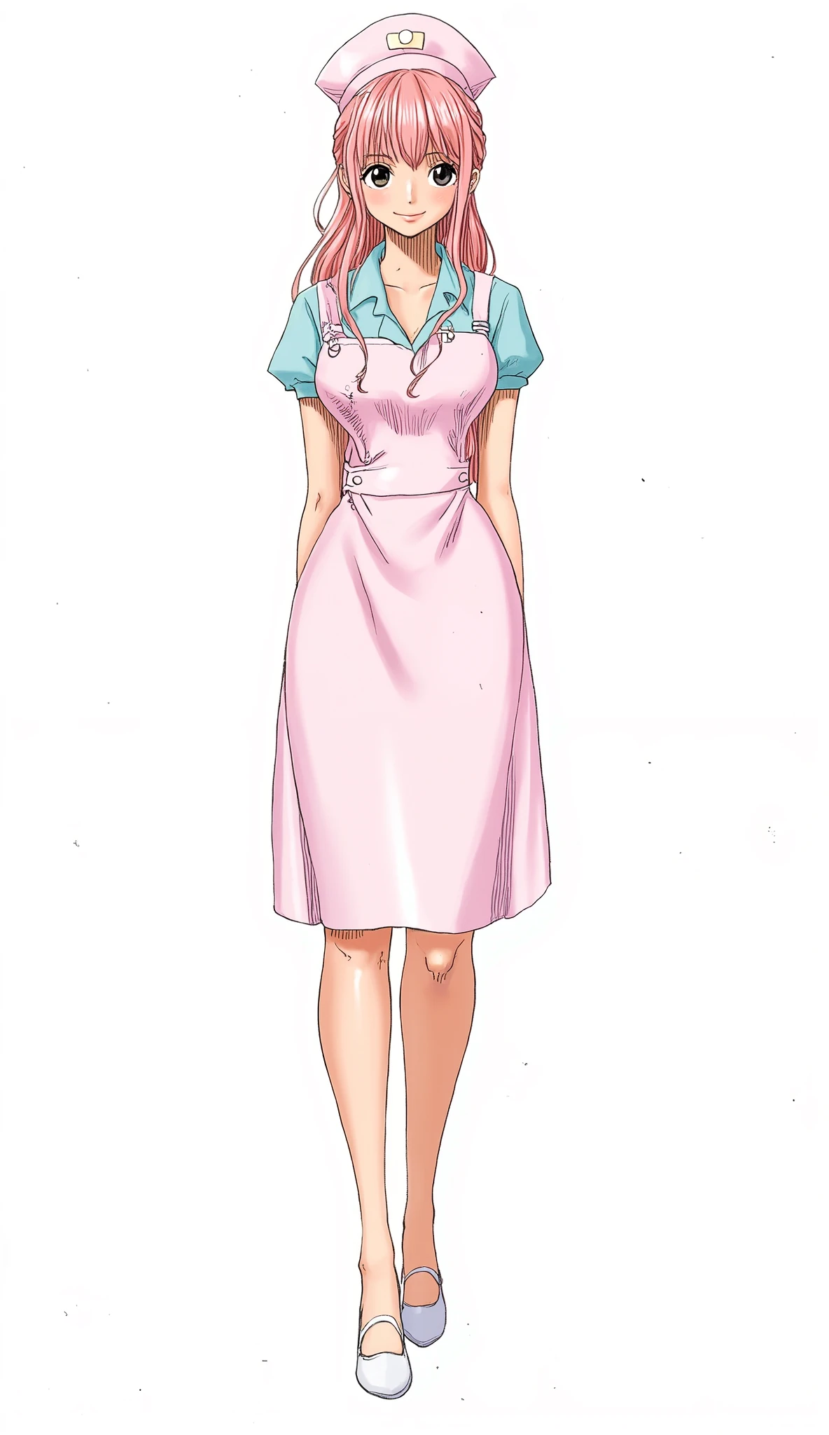 ArsMJStyle, Oil Pastels、background is stark white、on3pi3c3styl3、pastel collar、Akira Toriyama Style、32K、Alone、 alone、Semi-realistic、detailed eyes、detailed faces、full body、Big Breasts、dress character design、 nurse