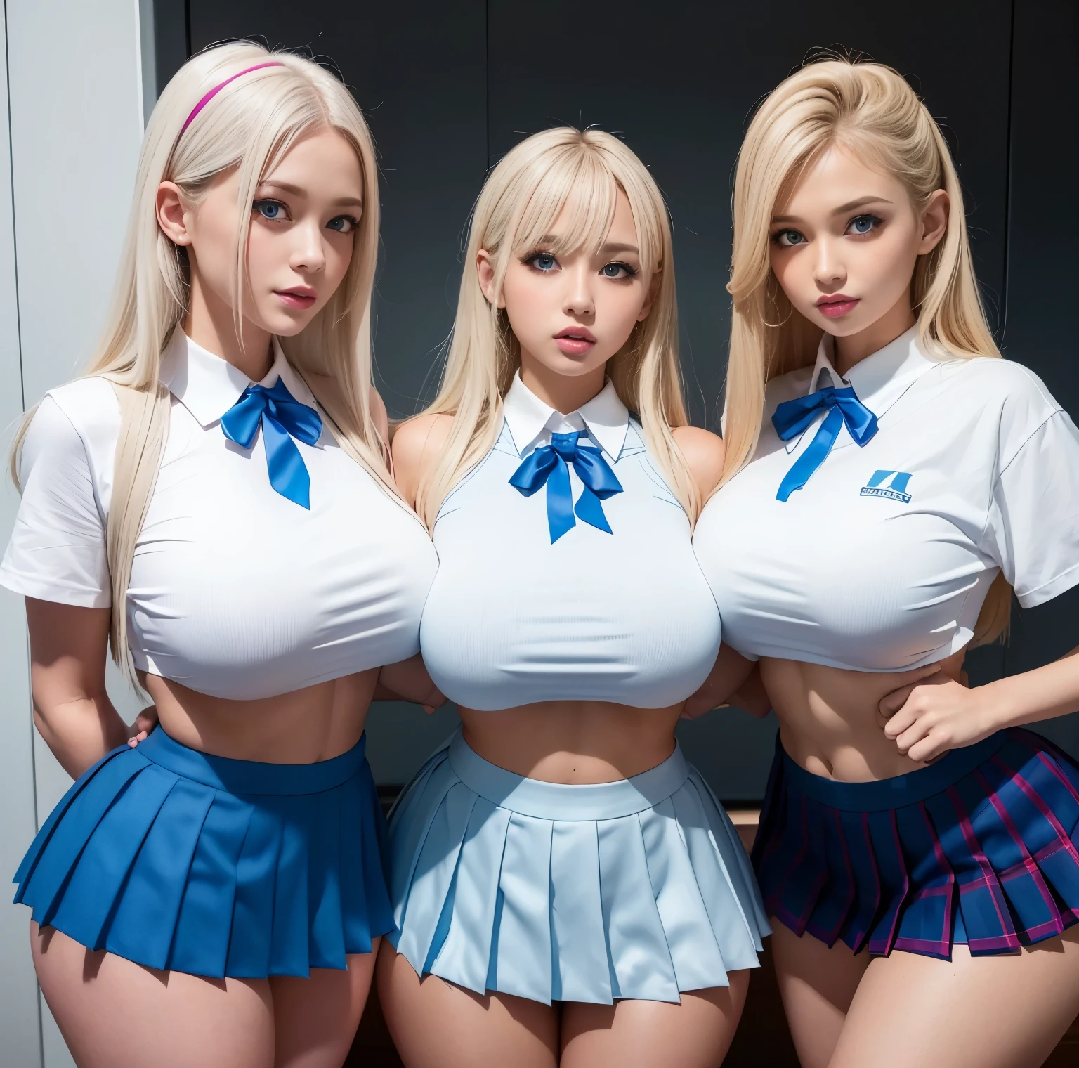 8K quality, Masterpiece, Bright lighting without shadows, Two women standing side by side, (Super big bressed by clothes), Whitening skin, Sparkling Blue Eyes, Deep crimson sailor collar uniform, Pleated skirt, Above the knee, Skirtliftv1, (Super big breasts squeands:1.2), (A frontal shot that emphasizes her huge breasts), White panties, Brab, skirtlift