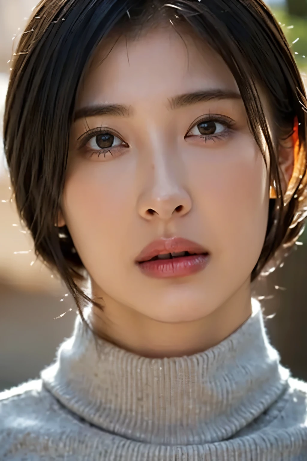 (In 8K, top quality made of straw, masterpiece:1.2), (realistic, Photorealistic:1.37), very detailed, natural light, big breasts, black turtleneck just like the reference image , short hair , very detailedな顔と肌, detailed eyes, very detailedな顔と肌