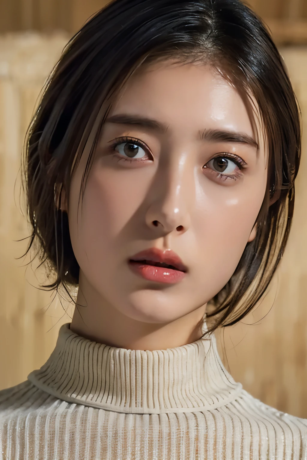 (In 8K, top quality made of straw, masterpiece:1.2), (realistic, Photorealistic:1.37), very detailed, natural light, big breasts, black turtleneck just like the reference image , short hair , very detailedな顔と肌, detailed eyes, very detailedな顔と肌