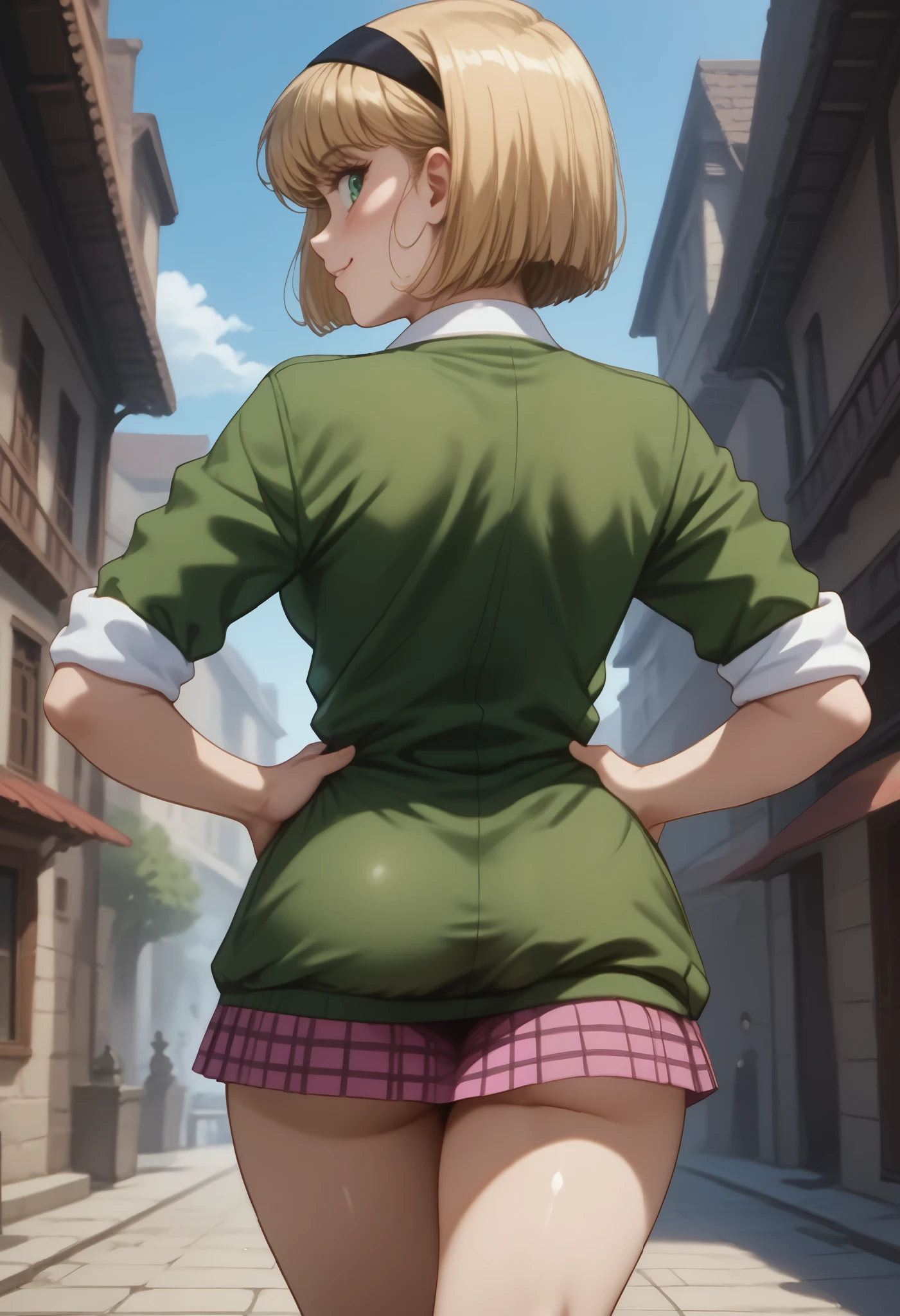 (dynamic angle, wide view, wide-angle lens, extremely detailed, CG, 8k Amazing, finely detail)), (intricate details, depth of field), 8k UHD, (masterpiece, best quality), ((amazing quality,very aesthetic,absurdres,best quality,newest, masterpiece)), ultra detailed, best quality, beautiful face, perfect anatomy, anatomically correct, athletic sexy body, Expressiveh, (cute face, cute body))), ((happy girl, proud to show her body)), ((((Miki H, blonde hair, bobcut, short hair,bangs, green eyes, black hairband, large breast, withe collared shirt, green sweater,blue necktie, sleeves rolled up, plaid pink skirt, white socks))), ((large breasts, slim sexy body, curvy hips, seductive pose, flirting, naughty face, blush)), (((looking at viewer, happy smile, joy, cowboy shot, dynamic pose)))), curvy, toned, athletic, standing, hands on hip, (((seductive pose, sexy pose, cowboy pose)), indoors,((hourglass figure)), ((pinup pose, seductive pose,dynamic pose, seductive), ((precise face and eyes:1)) , ((((rear view, front view, leg up, medium angle shot, looking at back, full body shot, hourglass figure, wide hips)))), fantasy, outdoors, ((highly detailed, highres, 8k, uhd, High Dynamic Range, tonemapping, crisp details, intricate details, fine details)),
