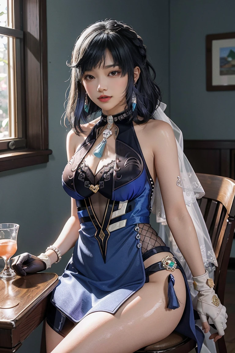Closeup shot, Best quality, masterpiece, ((1girl, solo:1.2)),beautiful, wearing a sexy halter neck sleeveless dress, mature, attractive, cool, edgy, dominating, evil, rich, stylish, cleavage, big boobs, model, seductive, armpits, oily skin
