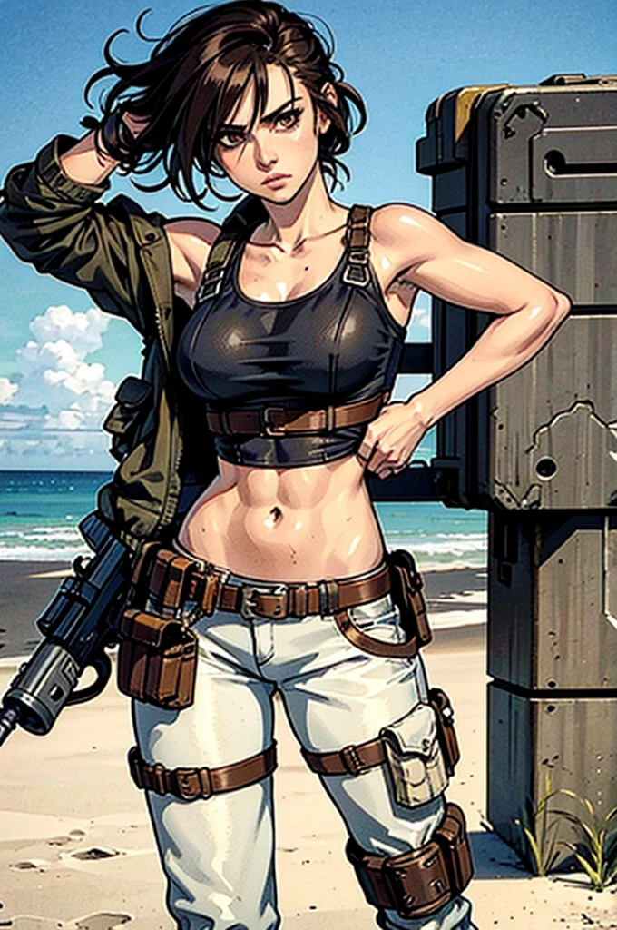 a military woman, well trained body, white sleeveless t-shirt, Exposed collarbone, beige leather shelter, blue pants, two leather belts with gun pockets, dark brown hair, carving, Brown eyes, hazel left eye, left eye with a scar, beach shore, at daytime, getting off a water boat, threatening expression looking at viewer, sparkling beach, palm trees around, In a post-apocalyptic environment, post - apocalyptic cowgirl, Post - Apocalyptic style, Post apocalyptic clothing, pose, post-apocalyptic, Postapocalyptic style, post apocalyptic grunge, Post - Apocalyptic Scavenger. (Ultra quality) 8k quality, detailed, perfect light, perfect angle, perfect sharpness. Boromey Meas