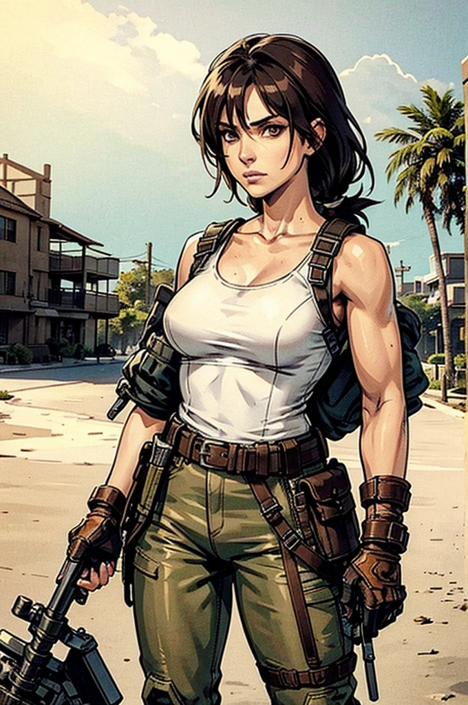 a military woman, well trained body, white sleeveless t-shirt, Exposed collarbone, beige leather shelter, blue pants, two leather belts with gun pockets, dark brown hair, carving, Brown eyes, hazel left eye, left eye with a scar, beach shore, at daytime, getting off a water boat, threatening expression looking at viewer, sparkling beach, palm trees around, In a post-apocalyptic environment, post - apocalyptic cowgirl, Post - Apocalyptic style, Post apocalyptic clothing, pose, post-apocalyptic, Postapocalyptic style, post apocalyptic grunge, Post - Apocalyptic Scavenger. (Ultra quality) 8k quality, detailed, perfect light, perfect angle, perfect sharpness. Boromey Meas