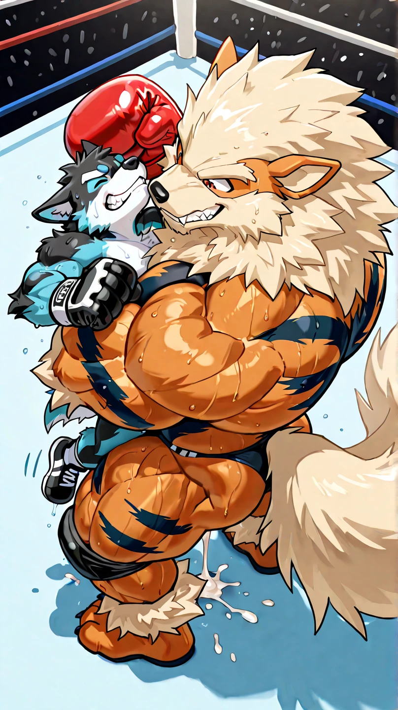 Duos ,(anthro) wolf, shirou_ogami:1.8 (bna), adult, mature, masculine, slim:1.2, skinny:1.2, tall:1, (correct anatomy:1.2), vascular veins, (cartoon fur, detailed fur texture:1.3), topless, wearing big black collar (shirtless, shorts bulge , compression shorts), ultradetailed, (by wfa:1.2), (by takemoto_arashi, by vorusuarts, by Traver009:1, by grimfaust:1), natural lighting (boxing_ring:1.4 background), (sweat:1.4, wet:1.6), (lots of sweat flowing down) exhausted, wolf head ((open eyes, detailed):1.2), open mouth (steaming breath:1.2, drooling, dripping saliva, thick drool) tongue sticking out, (serious:1.4) expression), grumpy, sad, lying down, collapsed, defeat ,macro growth, giant size difference fullbody embarrassed face feet ,duos ,duo_focus, tiny man ,giant penis cum everywhere,handjob ,kiss