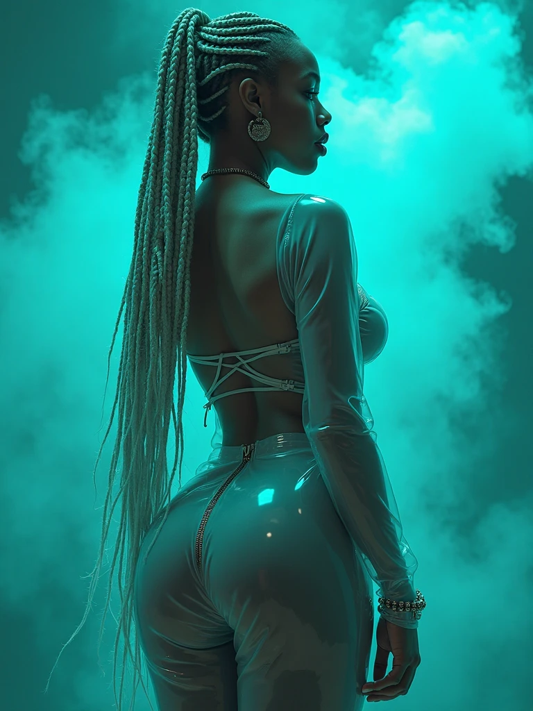 hip dips, BOUNTIFULLY: BULGING BUTTOCKS: THICK WIDE THIGHS: POWERFULLY PROTRUDING ASS: EXTREMELY OVAL: OBLONG GLUTES: tapered waist, IMMENSELY MASSIVE BUTTOCKS, IMMENSELY MASSIVE BULGING PROTRUDING BUTTOCKS paired perfectly with world's 🌎 tiniest: thinnest: waist, She has extremely sophisticated (ten foot) long teal mohawk fade. dark skin: melanin: 8K UHD, objective, DSLR, pastel translucent (beige gradient dient tan) leggings, plastic sleeves, eloquence, muscular abs, skinny waist, flat stomach, no nsfw, analog photograph, generate a master photograph describing a shapely WoMan, close-up shot of a fit, smooth complexion, clear features, young-looking, (flat chest, six pack): and looking directly at the camera with an sly + seductive expression: Womanly, spa room, Vaporwave: elegance: RAW: {{{masterpiece photography}}}: professional fashion photoshoot: synthwave: trending on artstation, Resolution: (extremely detailed, (sharp focus:2), cinematic lighting, dramatic lighting, ultra photo-realistic)