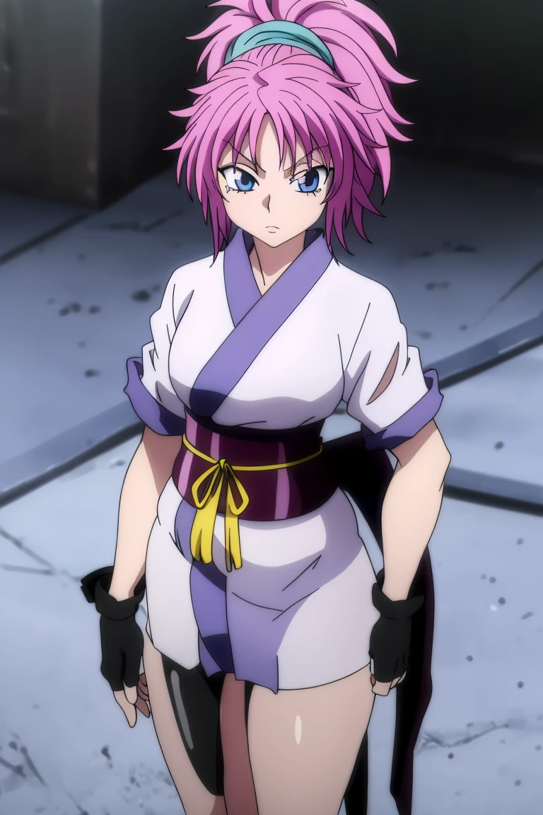 1 girl, ( masterpiece:1.3), (high definition), (8k), (very well detailed), (4K), (Pixiv), perfect face, pretty eyes and face , (TOP QUALITY), (very detailed), detailed face and eyes , ( alone), rough skin, disorganized , high definition, wzkomachine, blue eyes, big breasted, band, bike shorts, Short sleeve, bangs, Black gloves, fingerless gloves, long hair, pink hair,ponytail, kimono, kimono, standing, cowboy shot, stares at viewers, anime、(((nsfw、はだけた kimono)))