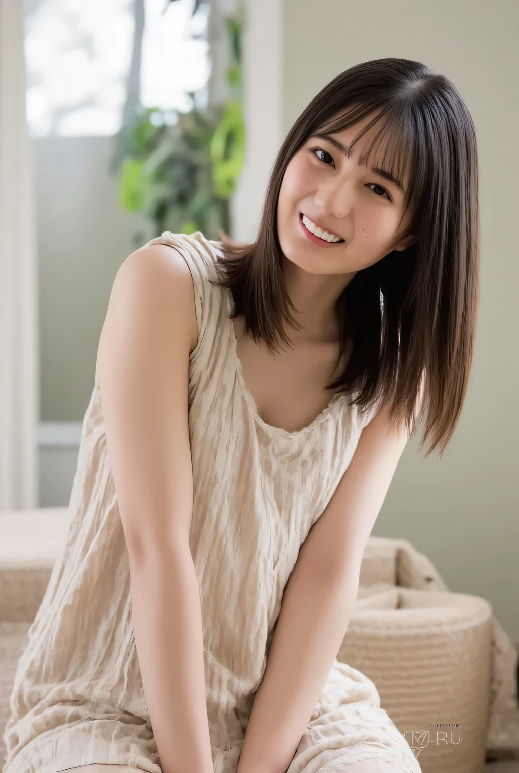 ((( High resolution , top quality, super detailed, Masterpiece , very detailed photo , realistic , real person , Ultra detailed skin))) , In bedroom , ( from front ) , full body , medium shot , looking at viewer , ( giggle face , open the mouth wide ) , { sitting , get down on all fours } , black hair , medium hair , medium breasts , cleavage , (( sexy lingerie , sheer dress : 1.8)) , { NSFW }