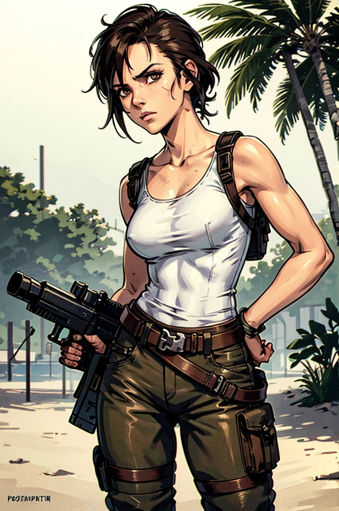 a military woman, well trained body, white sleeveless t-shirt, Exposed collarbone, beige leather shelter, blue pants, two leather belts with gun pockets, dark brown hair, carving, Brown eyes, hazel left eye, left eye with a scar, beach shore, at daytime, getting off a water boat, threatening expression looking at viewer, sparkling beach, palm trees around, In a post-apocalyptic environment, post - apocalyptic cowgirl, Post - Apocalyptic style, Post apocalyptic clothing, pose, post-apocalyptic, Postapocalyptic style, post apocalyptic grunge, Post - Apocalyptic Scavenger. (Ultra quality) 8k quality, detailed, perfect light, perfect angle, perfect sharpness. Boromey Meas