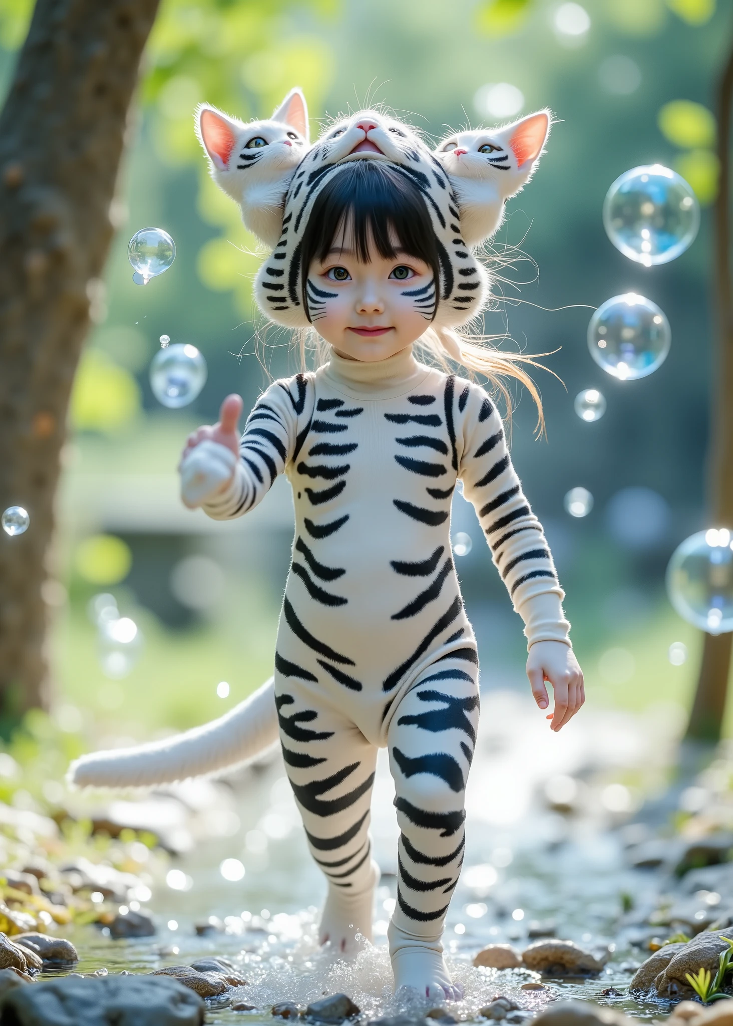 a realistic three-headed 、A cat that looks like a human、the upper body is a girl、The lower body is a cat、Walking on two legs、cute girl、turn over here、 soap bubbles 、The pattern of a black and white pheasant tiger is drawn on a、 blurry background、