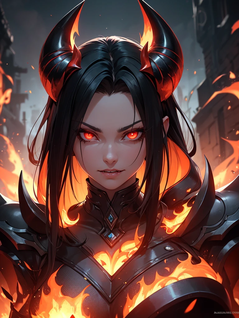 (best quality,4k,8k,highres,masterpiece:1.2),ultra-detailed,(realistic,photorealistic,photo-realistic:1.37),lava demon queen,demonic presence,fiery,glowing eyes,long flowing hair made of molten lava,sharp fangs and horns,volcanic cave,smoke and sparks emanating from her body,ominous atmosphere,shadows dancing on the walls,hot red and orange color scheme,dynamic lighting casting eerie shadows,fluid and realistic movement of the lava,queenly posture and regal aura,destructive power,commanding presence,molten throne,Satanic symbols,inspiring fear and awe,contrasting cool tones to highlight the fiery character,cracked and burning ground,portraying the strength and dominance of the lava demon queen.