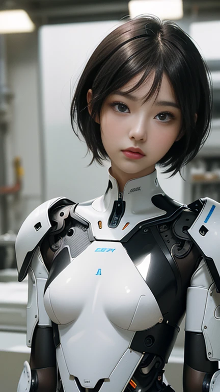 Masterpiece, Game art, Best image quality, Highest resolution, 8K, Unreal Engine 5 rendering work, (Digital Photography), 16 year old girl, Short hair details, With long bangs, (Meticulous red eye makeup),(With gray ash hair length: 1.4),(Large and full breasts),Elegant and noble,Brave and charming, (Future armor combined with the characteristics of ancient Chinese armor, Hollow design, Power Armor, Mysterious Eastern runes, Delicate clothing patterns, Flash of magic ) , Future soldier, Cyberpunk figure, War background, Movie lights, Ray tracing, Game CG,((3D Unreal Engine)), OC rendering reflection pattern
