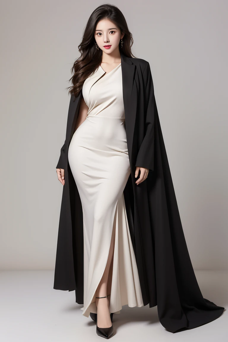 neck covered dress  full hand black dress facing front , bold eyes , a female  anchor