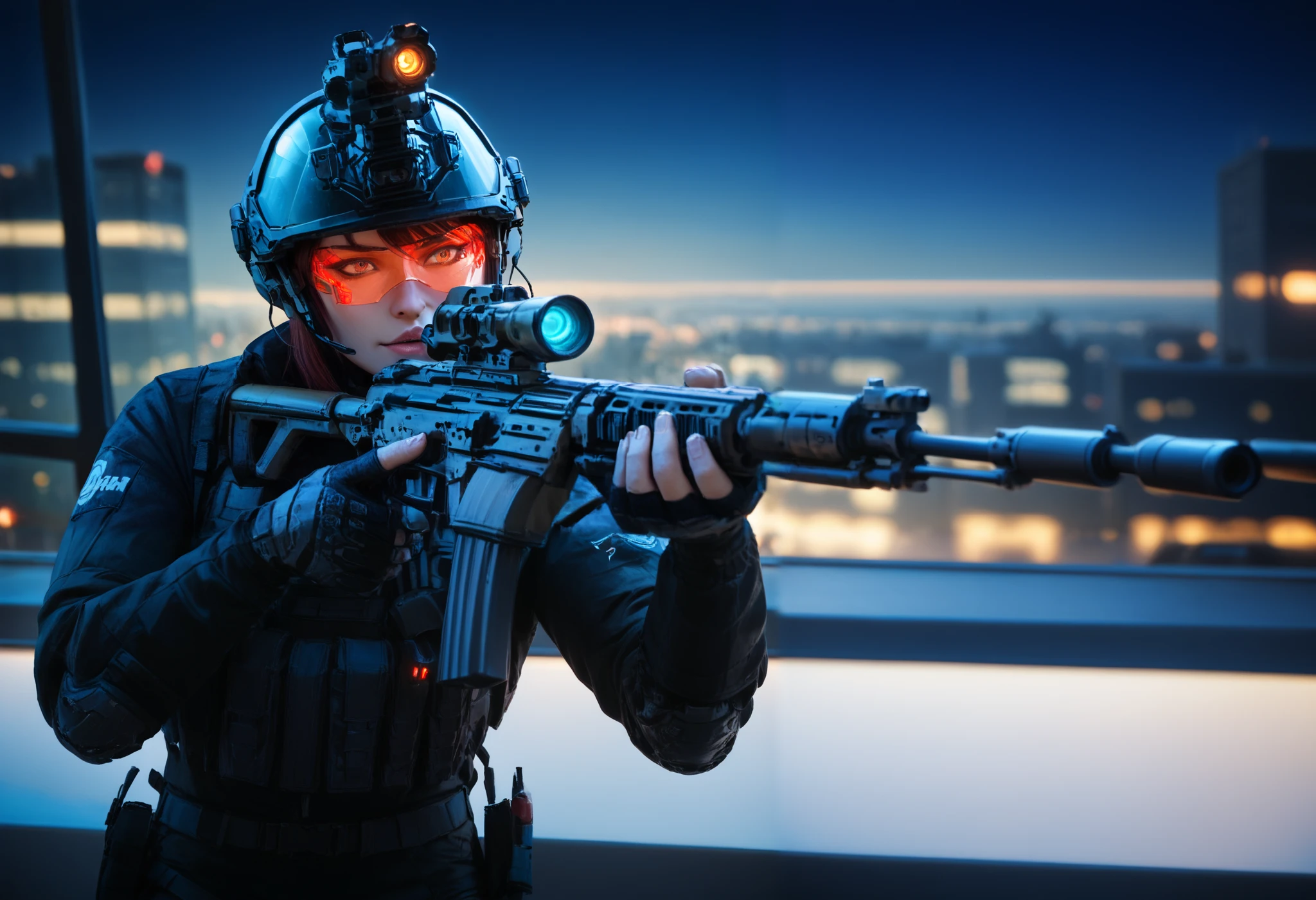 A futuristic sniper in a cyberpunk city, positioned on a rooftop at night. The sniper is dressed in a sleek, all-black tactical suit with a high-tech helmet that has a glowing red visor. They are aiming a highly advanced, mechanical sniper rifle with glowing blue energy lines and a digital scope. The target is visible through a window in a nearby skyscraper, illuminated by neon lights. The city skyline in the background is filled with towering skyscrapers, holographic billboards, and a misty atmosphere. The sniper's pose is tense and focused, ready to take the shot. Cinematic lighting and dramatic composition.