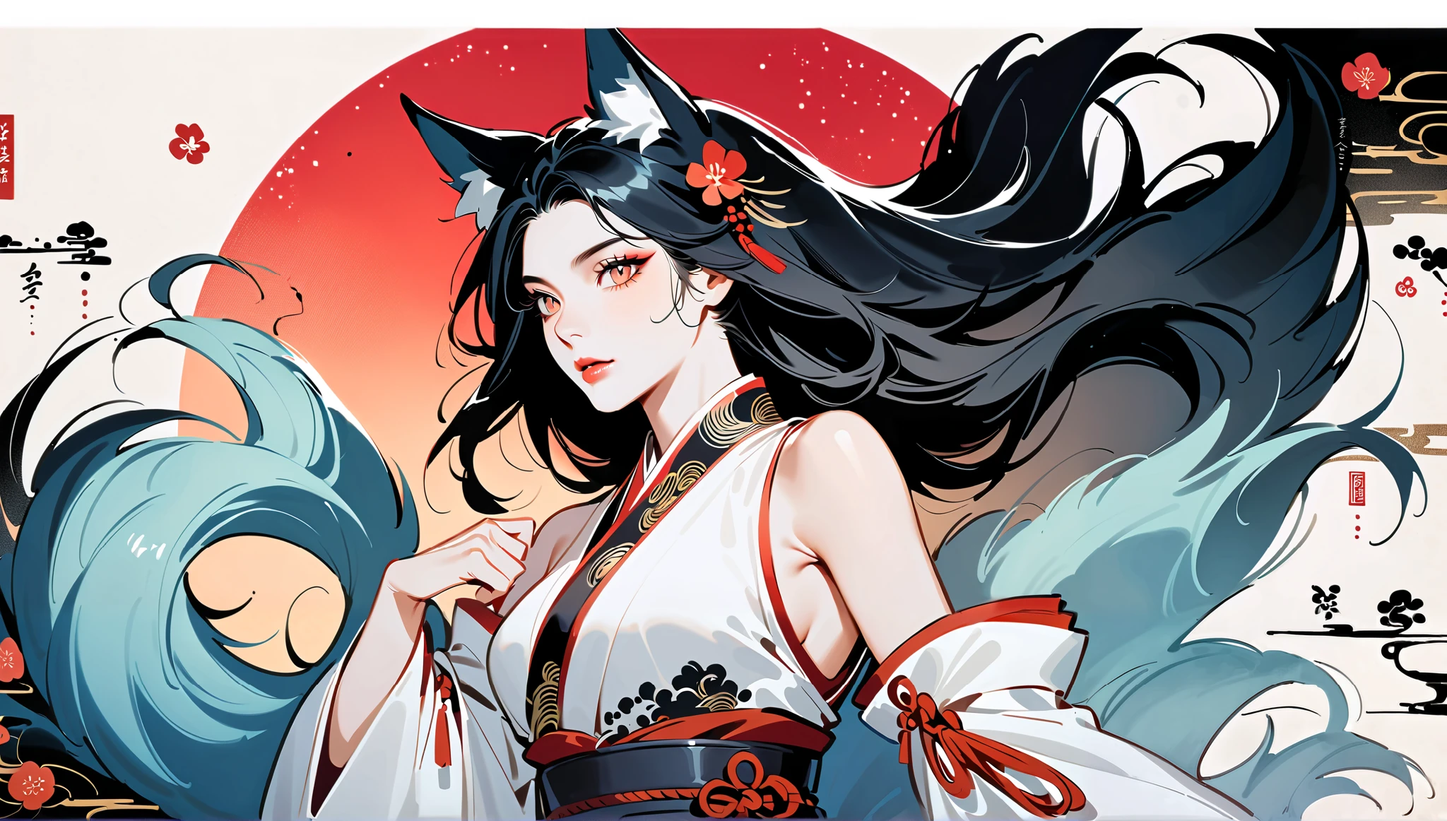 Ink Painting, Delicate and precise, Modern ukiyo-e style, ahri, spirit blossom ahri, mature, fox tail, tail, bare shoulders, detached sleeves, multiple tails, lips, slit pupils, fox ears, crimson moon, 1girl, solo