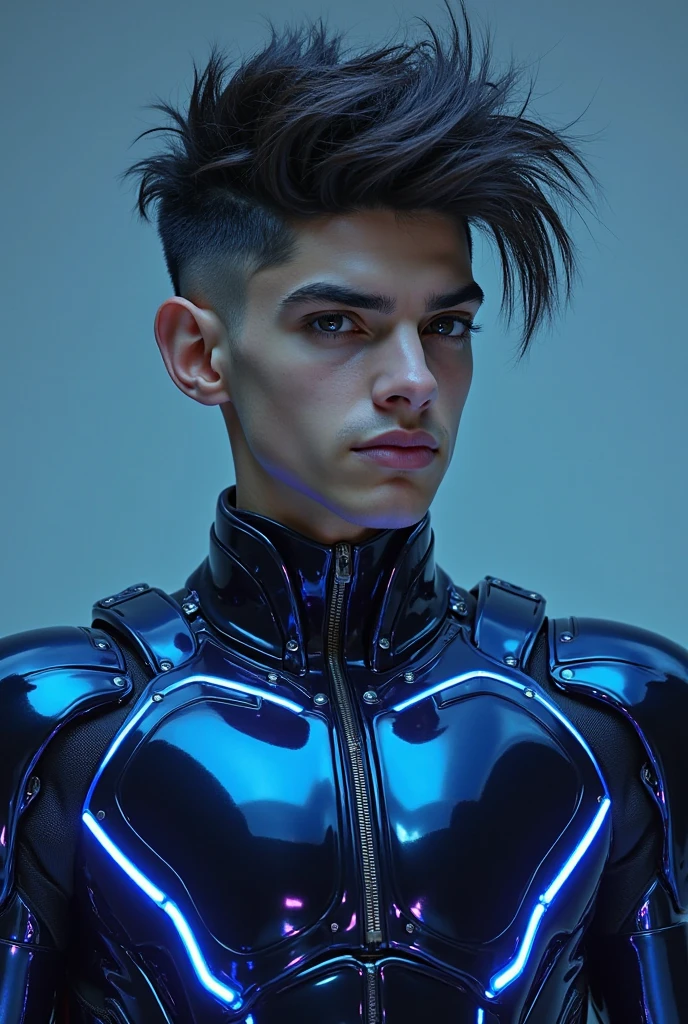 black man, man, feminine looking man, no breasts, young, naked, very curly hair, septum piercing, dimples, dominant expression, black latex bodysuit, neon lights, close-up, UHD, retina, masterpiece, accurate, anatomically correct, textured skin, super detail, high details, high quality, award winning, best quality, highres
