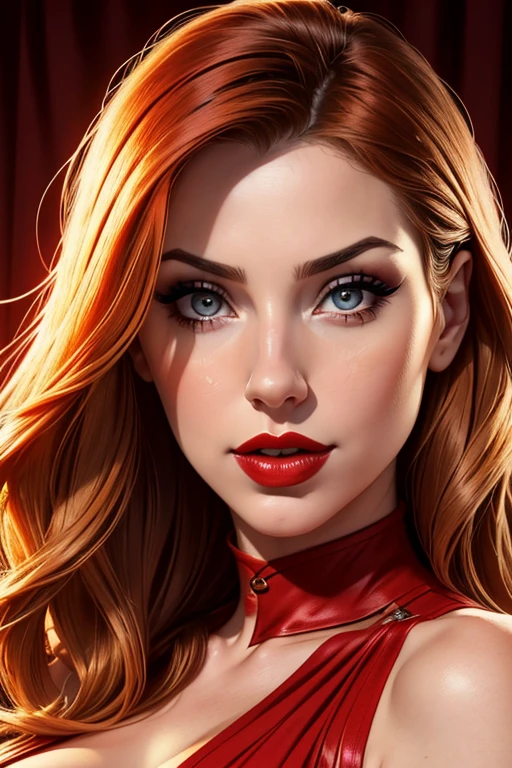 a close up of a woman in a red dress posing for a picture, a portrait by Sebastian Vrancx, featured on reddit, conceptual art, cute young redhead girl, redhead girl, she is redhead, red head, red haired goddess, amouranth, smooth red skin, ( redhead, better known as amouranth, she has red hair, short redhead