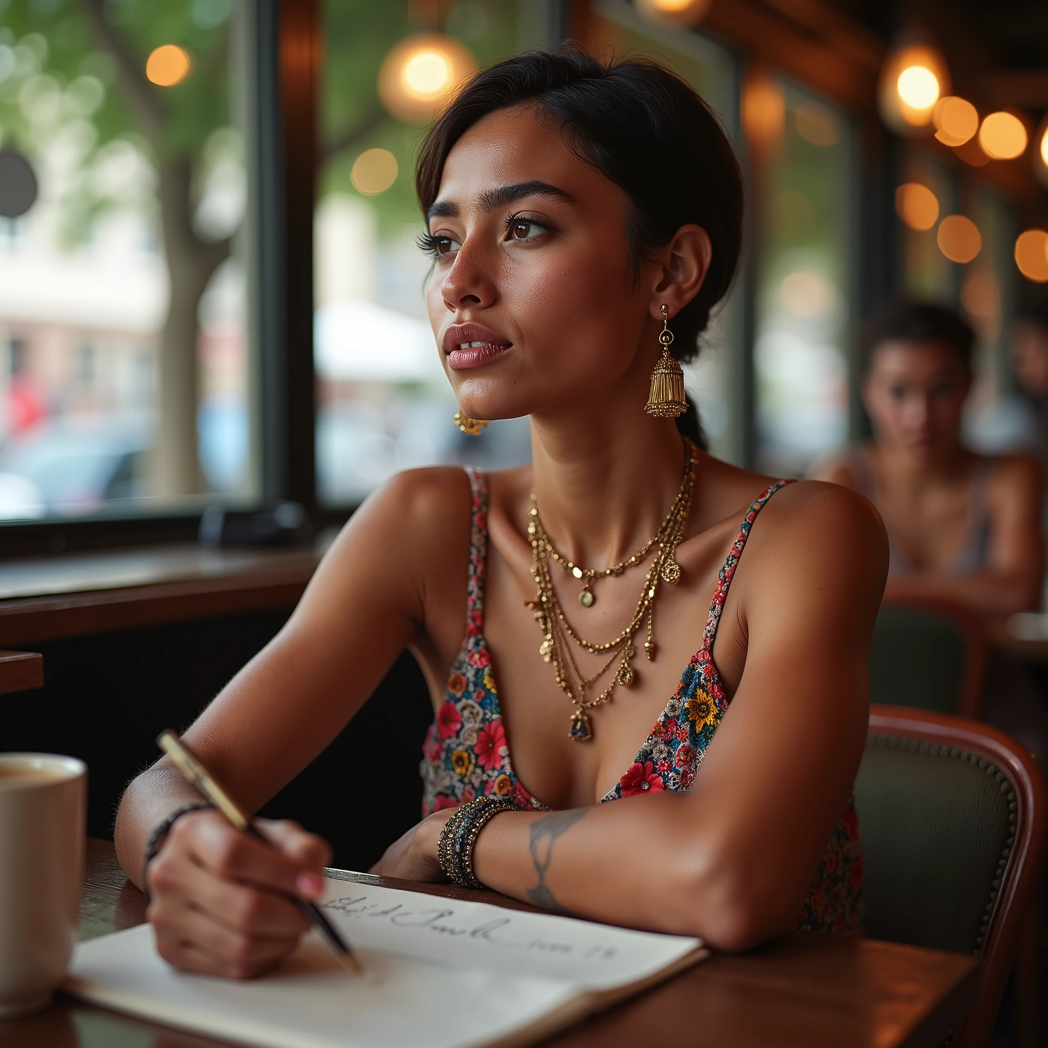 A realistic photograph of a young Moroccan woman sitting at a table writing a letter in a coffee shop in Copenhagen , coarse-pored skin , Crunchy wide nose, dark eyes, She looks into the distance , Hair sheared to 8 mm short, wide eyebrows , no excessive physical features, slightly chubby, natural feminine proportions, colorful costume jewelry, elegant summer dress with spaghetti straps, anatomically correct