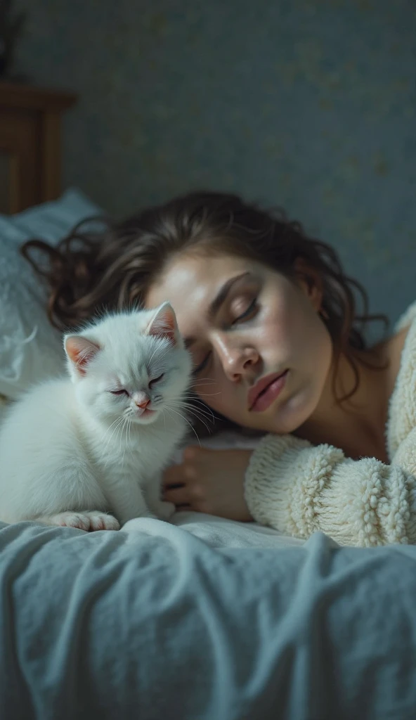 A and a fluffy white kitten, flowers, sleeping, long black hair, night, starry sky